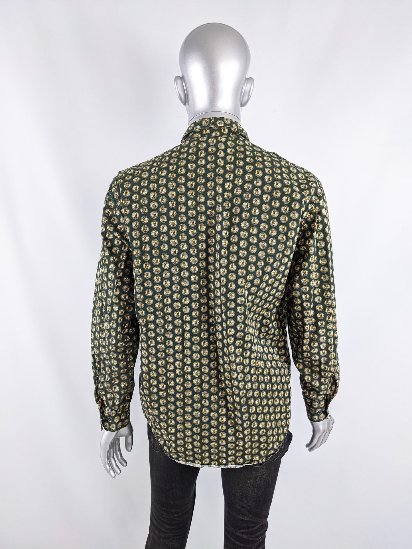 Mens Vintage Franco Coin Print Green Cotton Shirt, 1980s