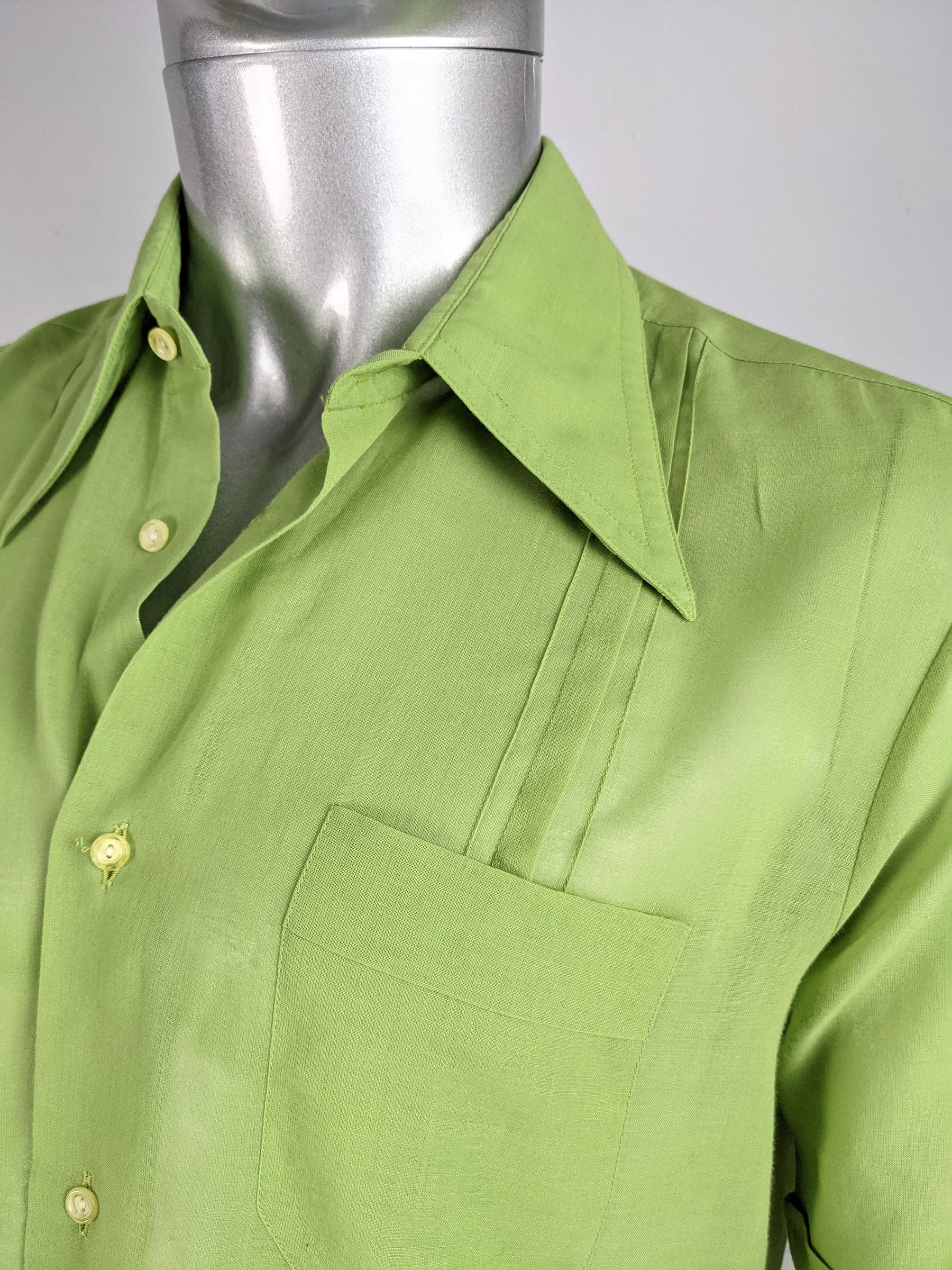 Mens Vintage Green Sheer Pleated Shirt, 1960s