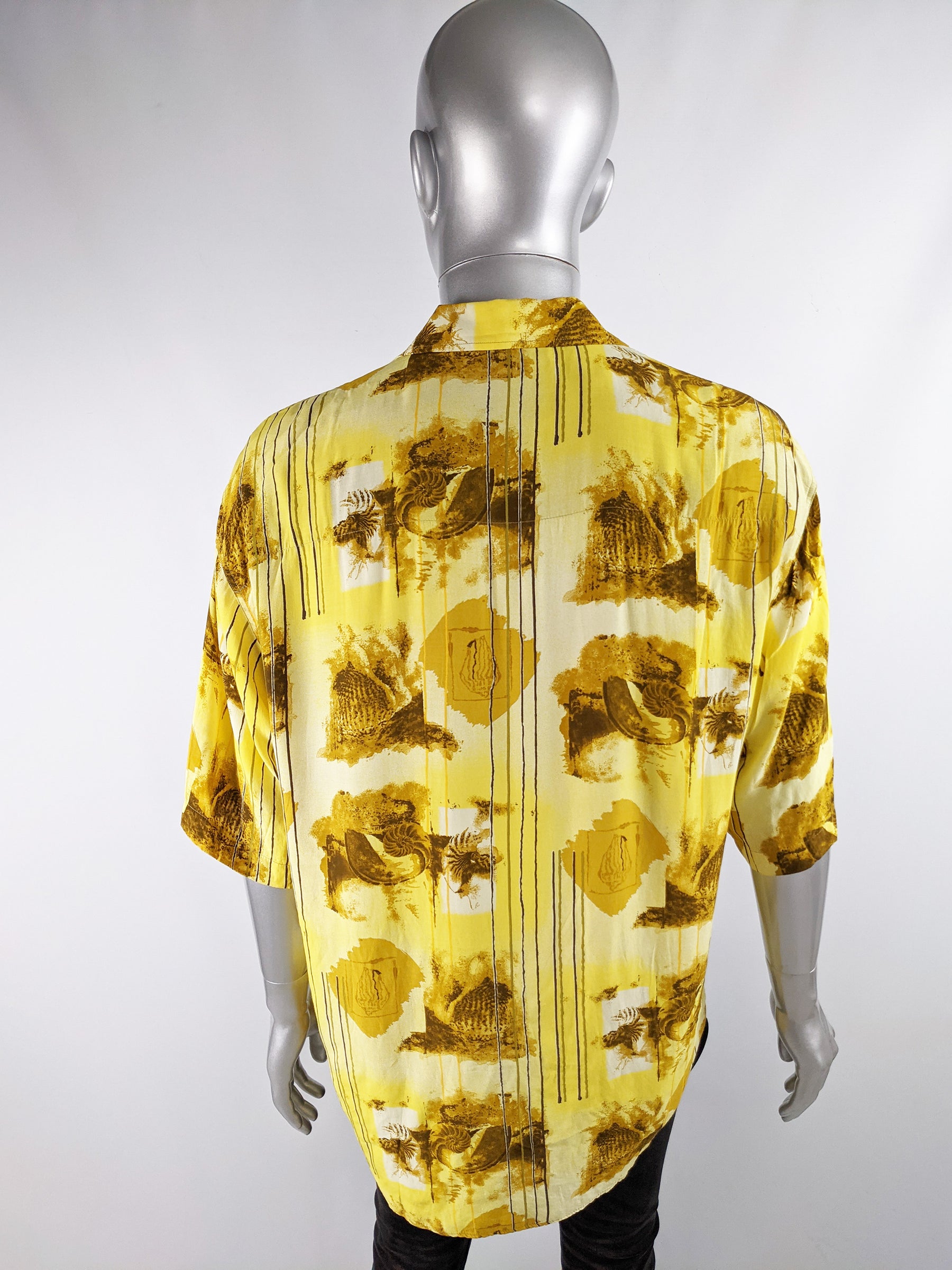 Mens Vintage Oversized Yellow Rayon Shirt, 1980s