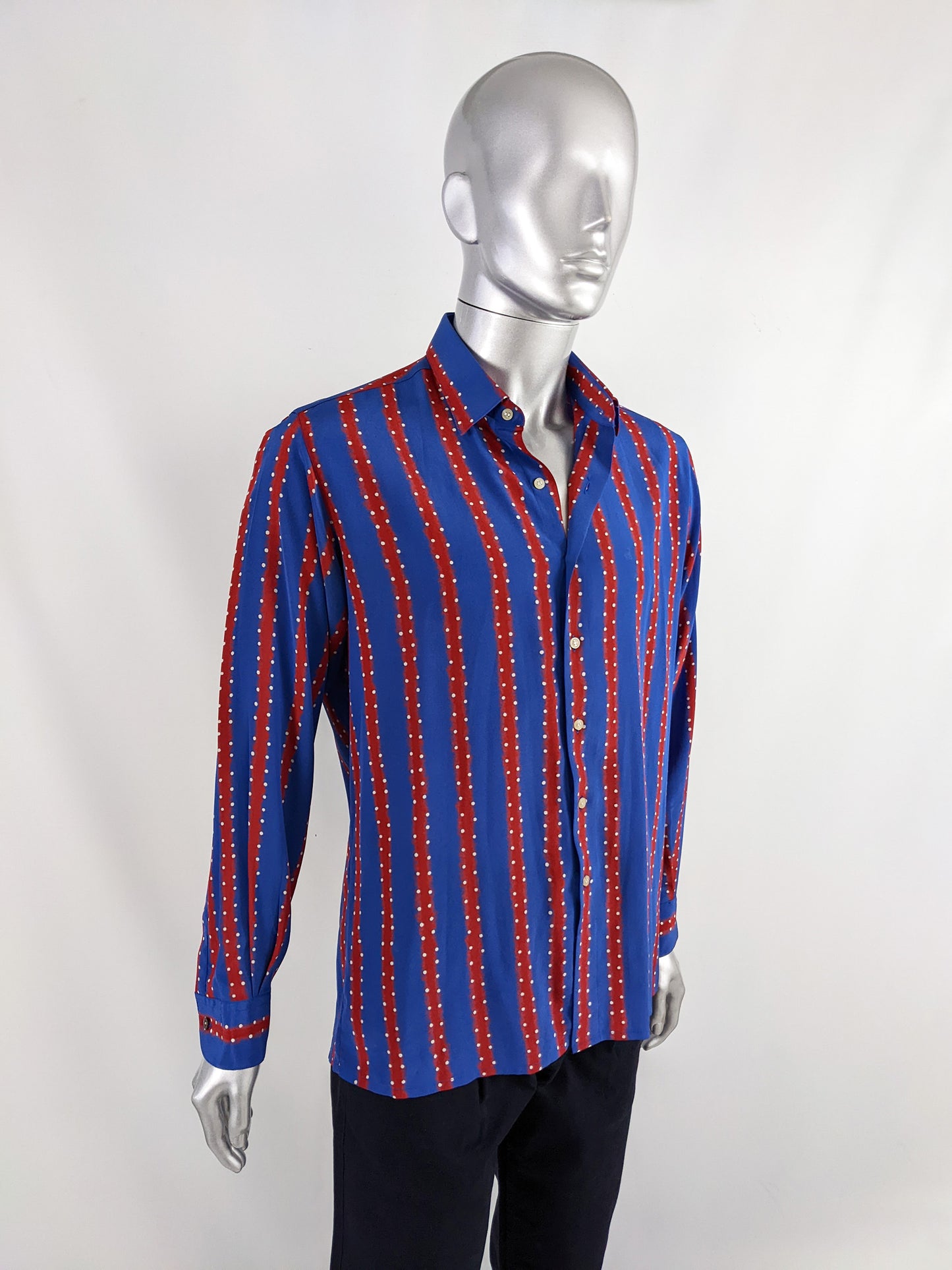 Pancaldi & B Blue & Red Vintage Mens Silk Shirt, 1980s