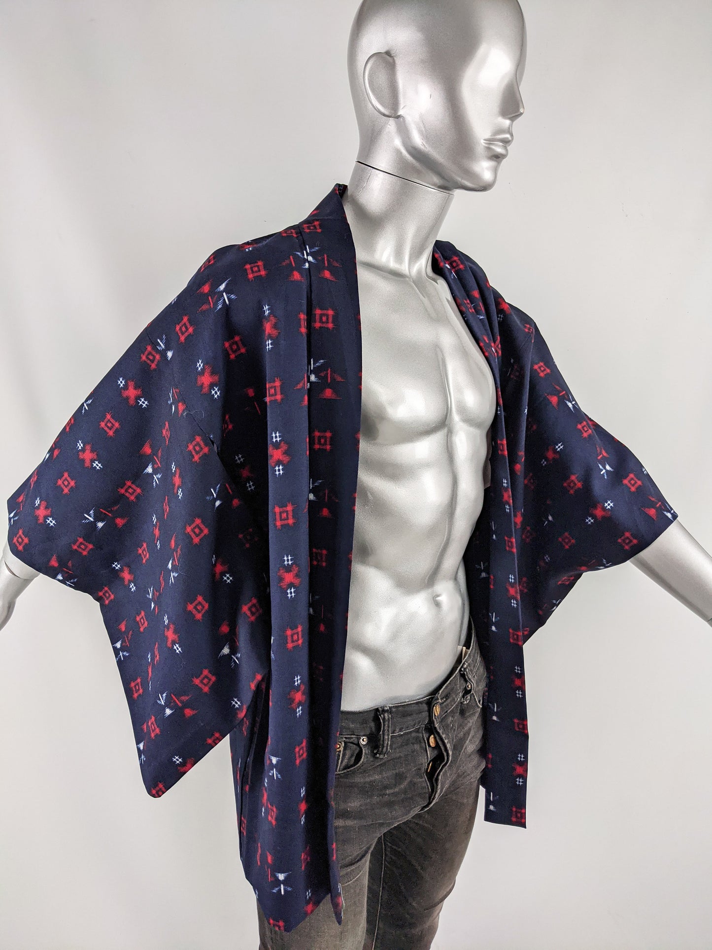Vintage Mens Blue & Red Kimono Haori Jacket, 1970s