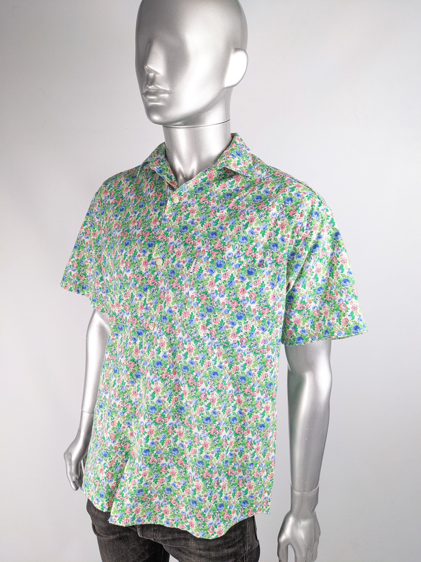 Mens Vintage Short Sleeve Floral Cotton Shirt, 1990s