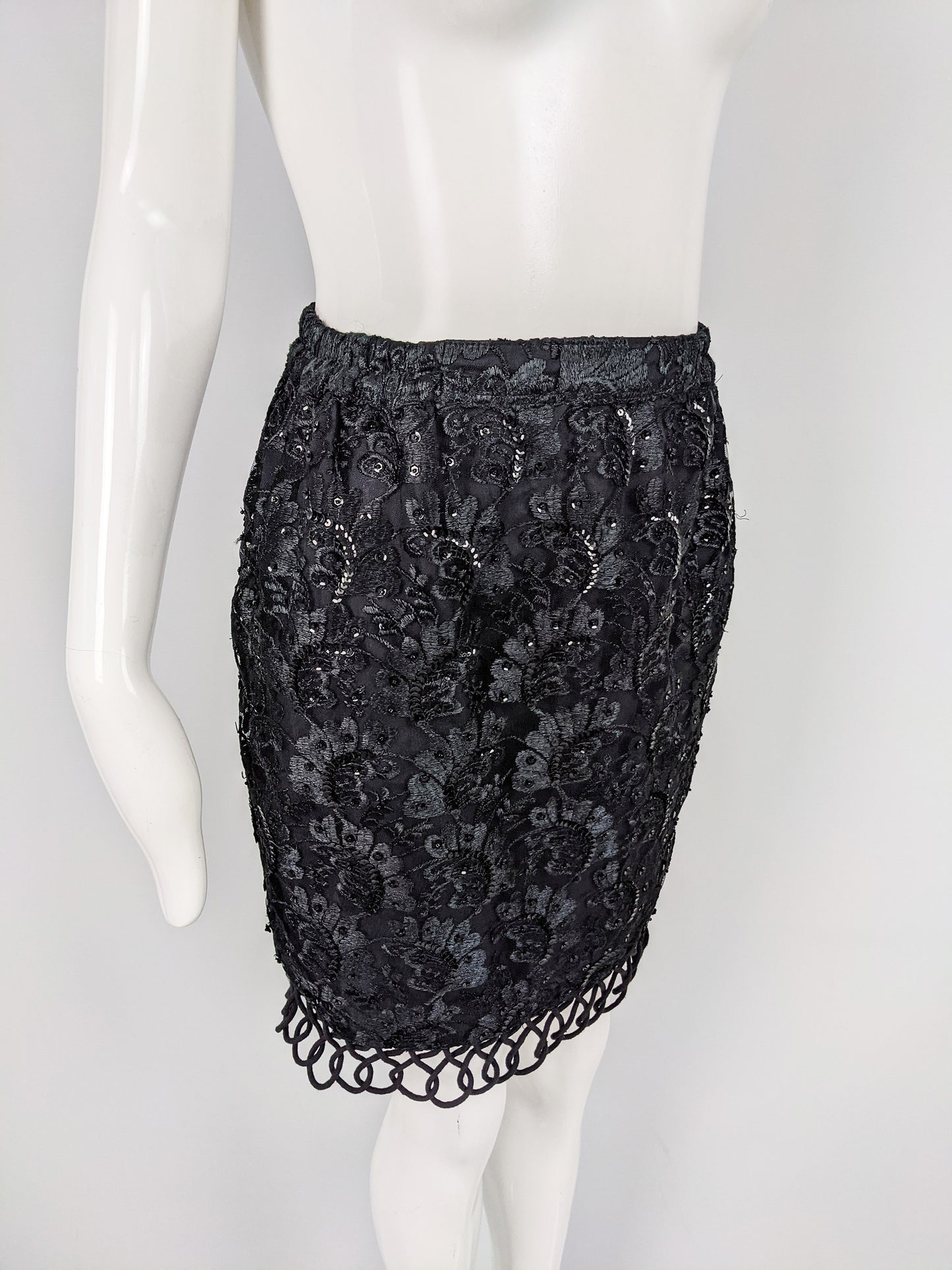Vintage Black Embroidered Lace & Sequin Party Skirt, 1980s