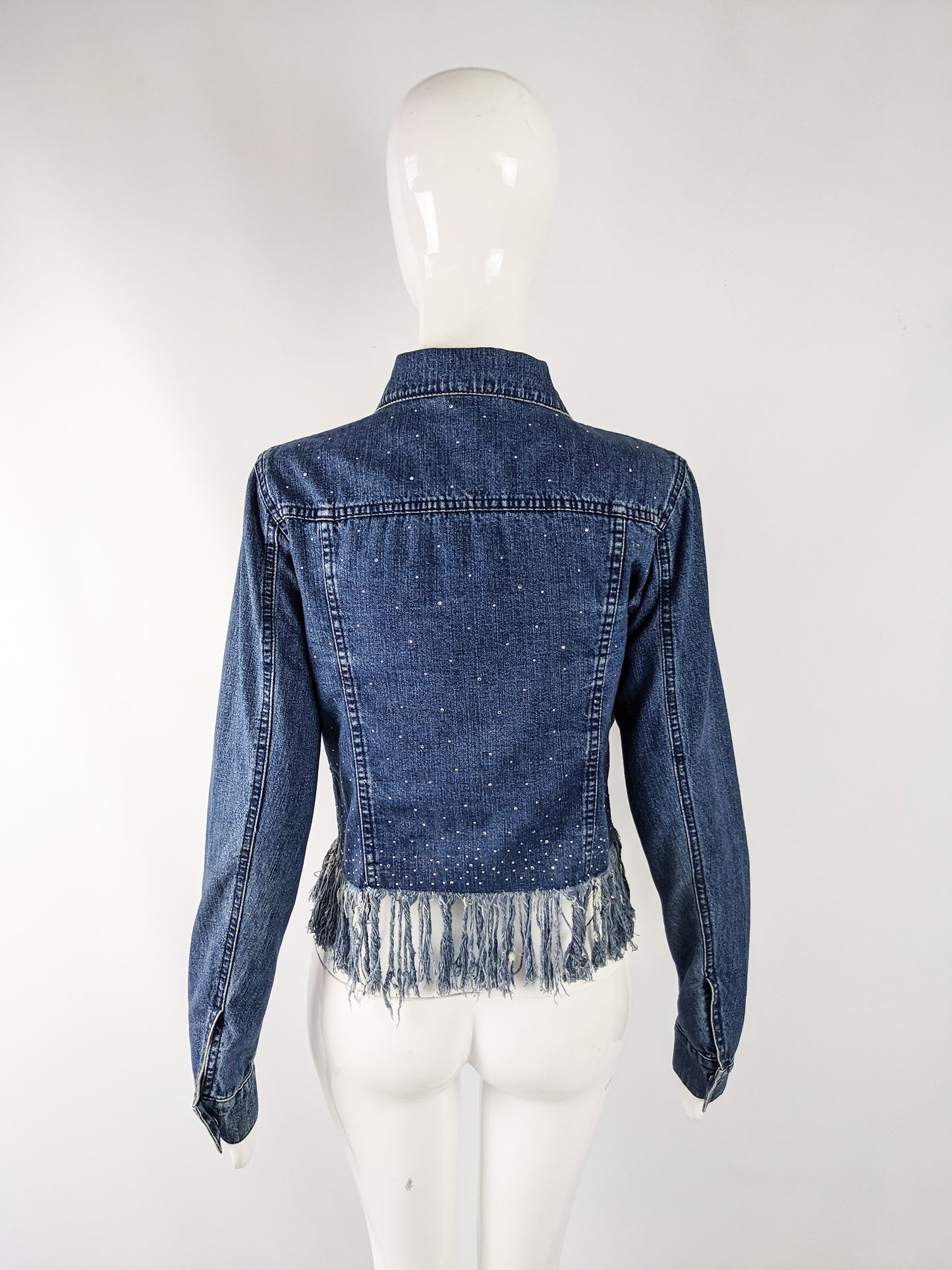 Fendi Vintage Womens Y2K Rhinestone Frayed Fringed Denim Jacket, 1990s