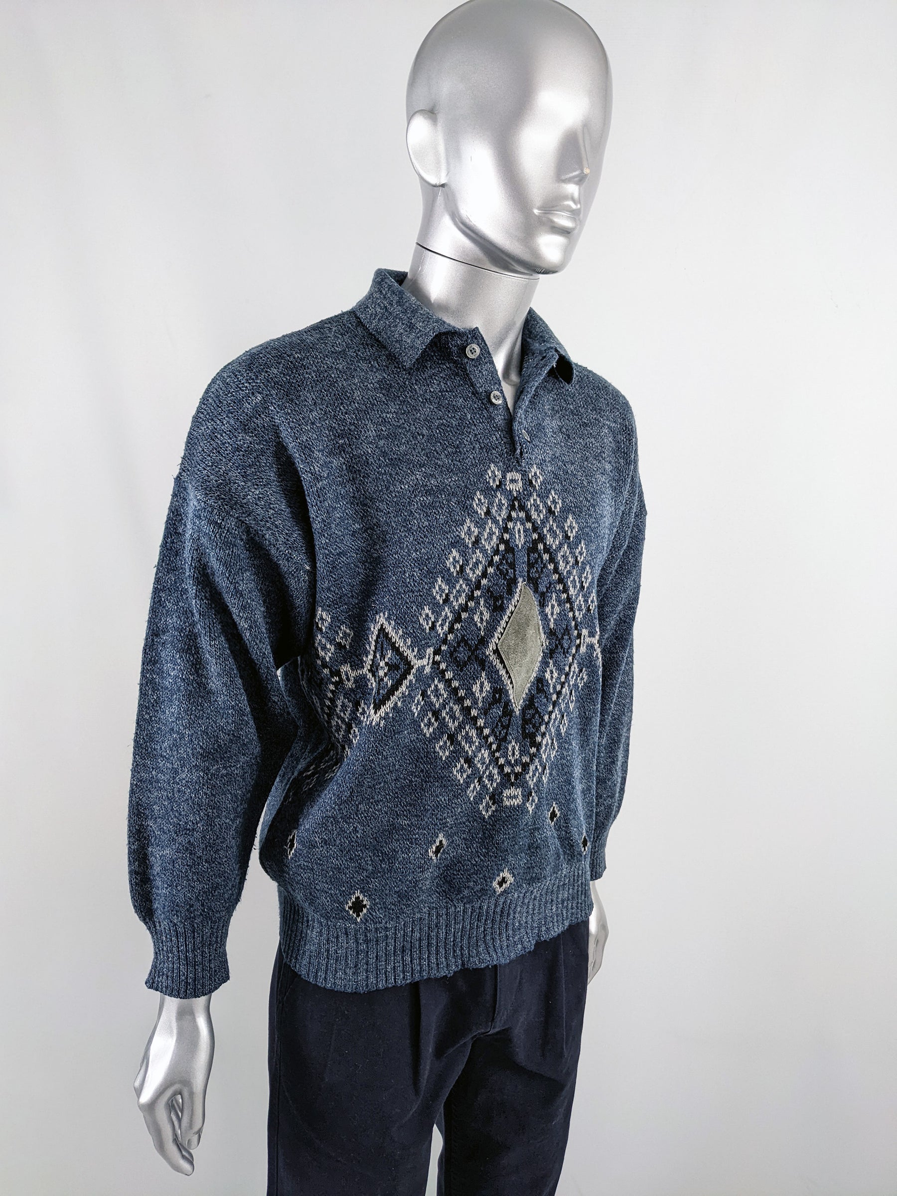 Vintage 1980s Mens Wool Blend Suede Patch Jumper