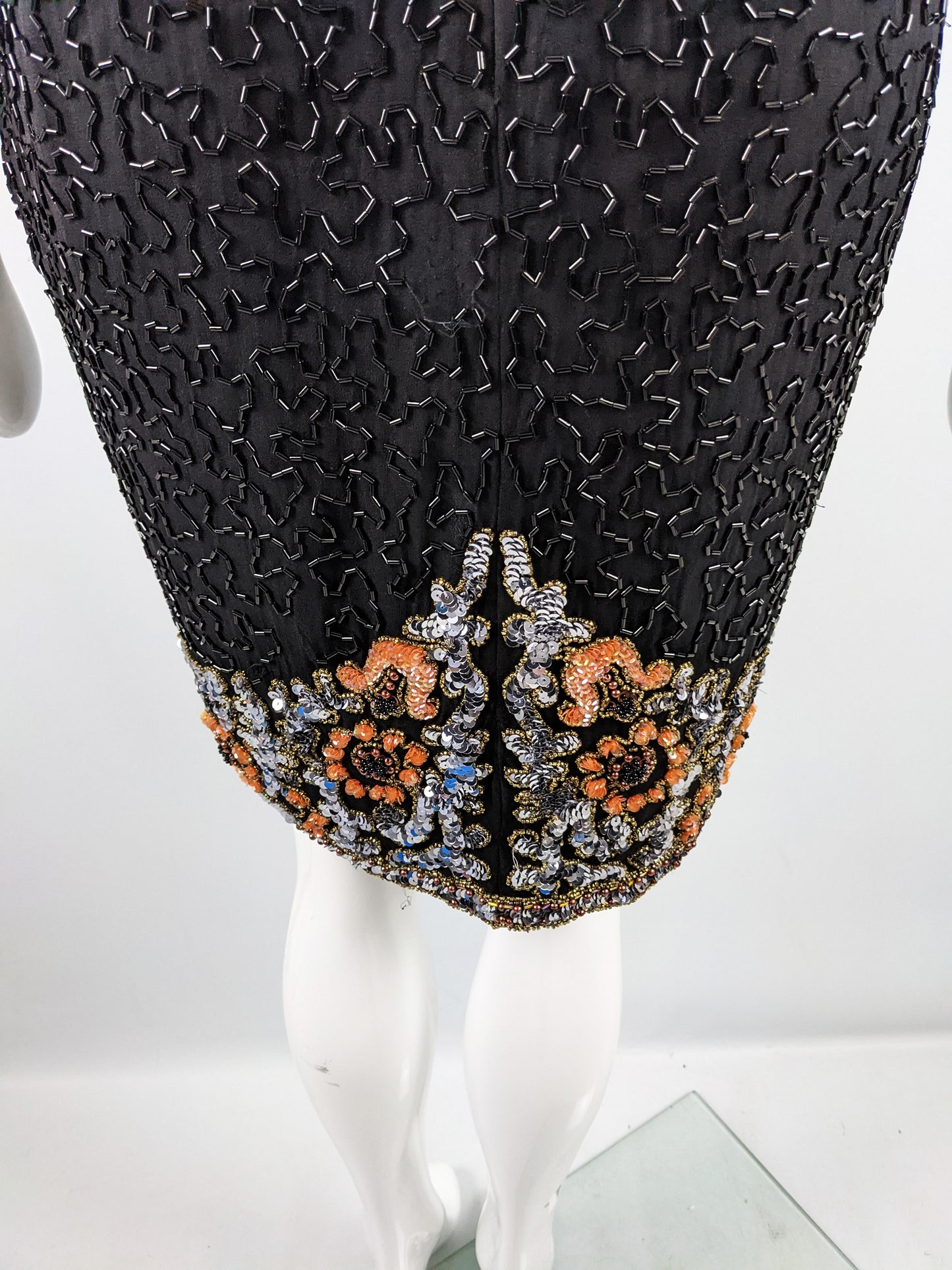 Oleg Cassini Vintage Black & Orange Beaded Sequin Dress, 1980s