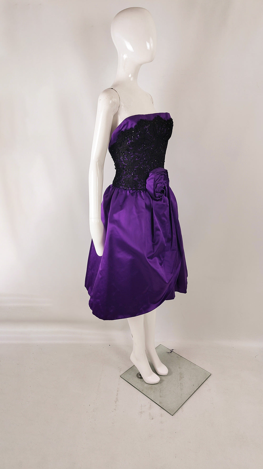 Murray Arbeid Vintage Purple Satin & Black Lace Evening Dress, 1980s
