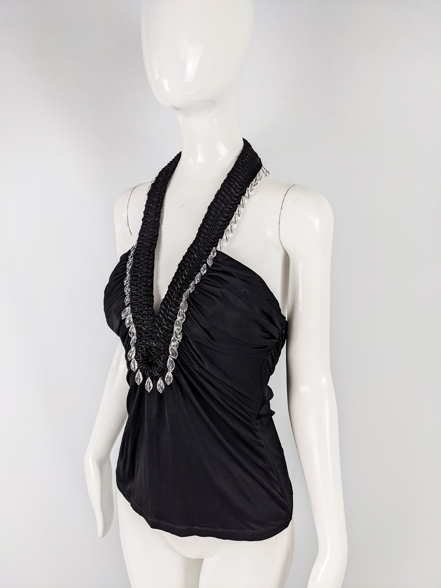 Vintage Black Silky Jersey Beaded Halter Top, S/S 2006