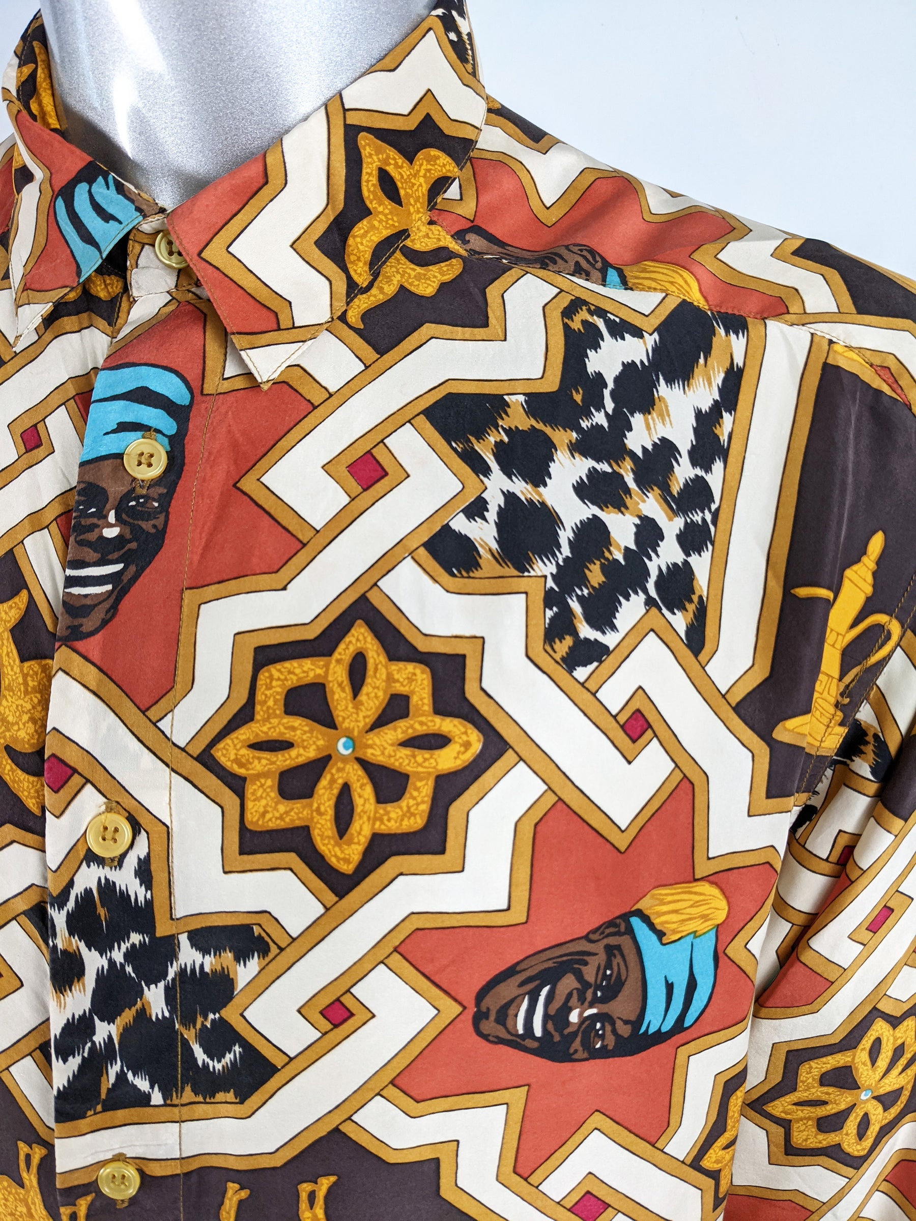 Mens Vintage Pure Silk Moorish Print Shirt, 1980s