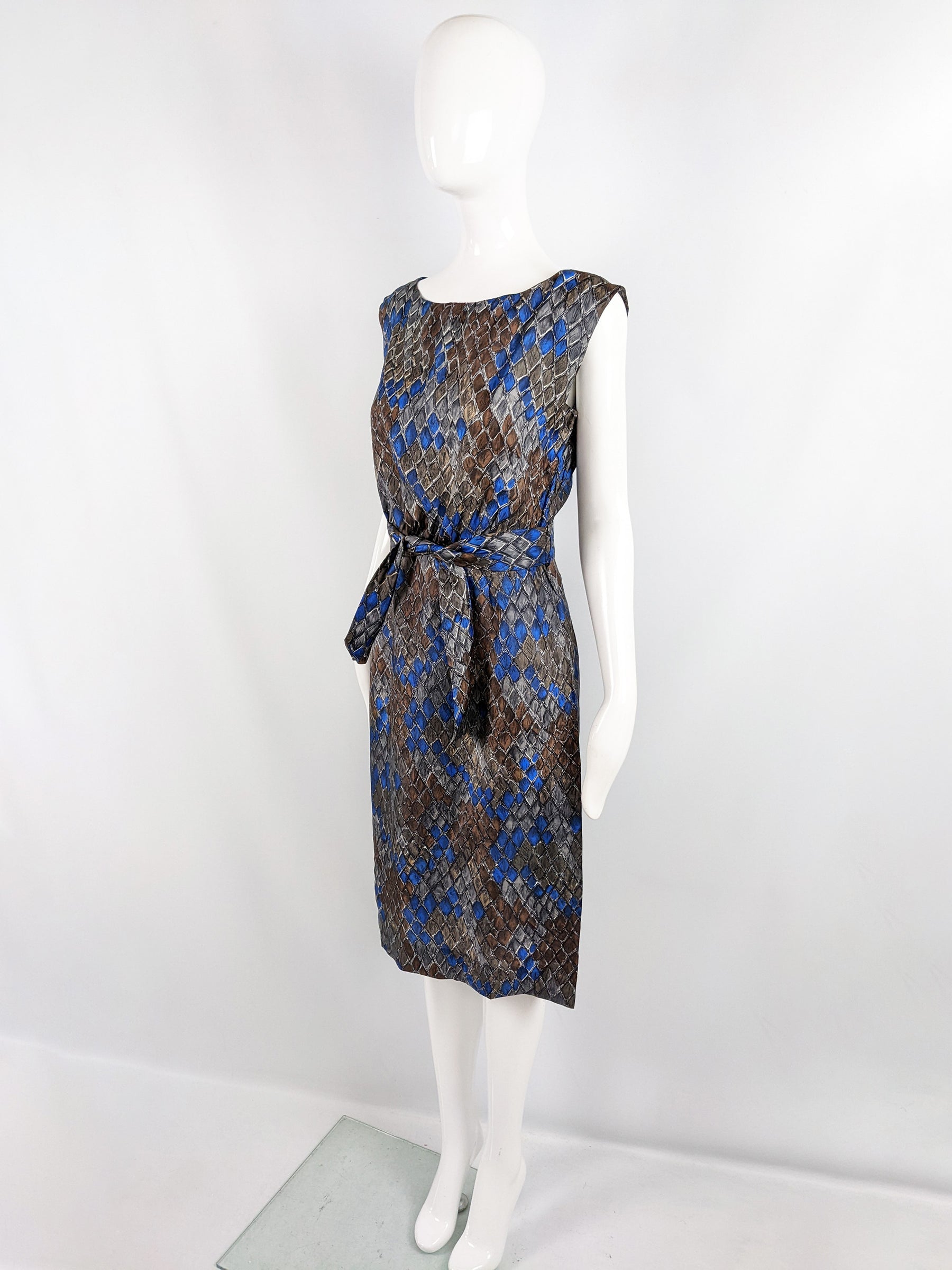 Vintage 50s Silk Party Dress with Blue & Brown Diamond Print, 1950s