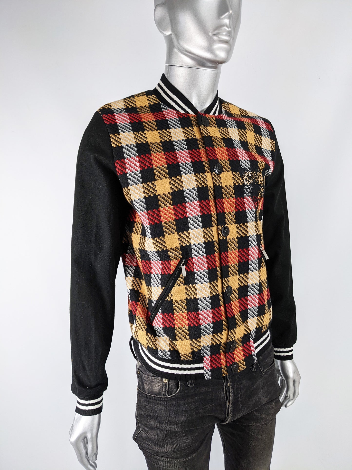 Mens Vintage Checked Embroidered Bomber Jacket, 2000s