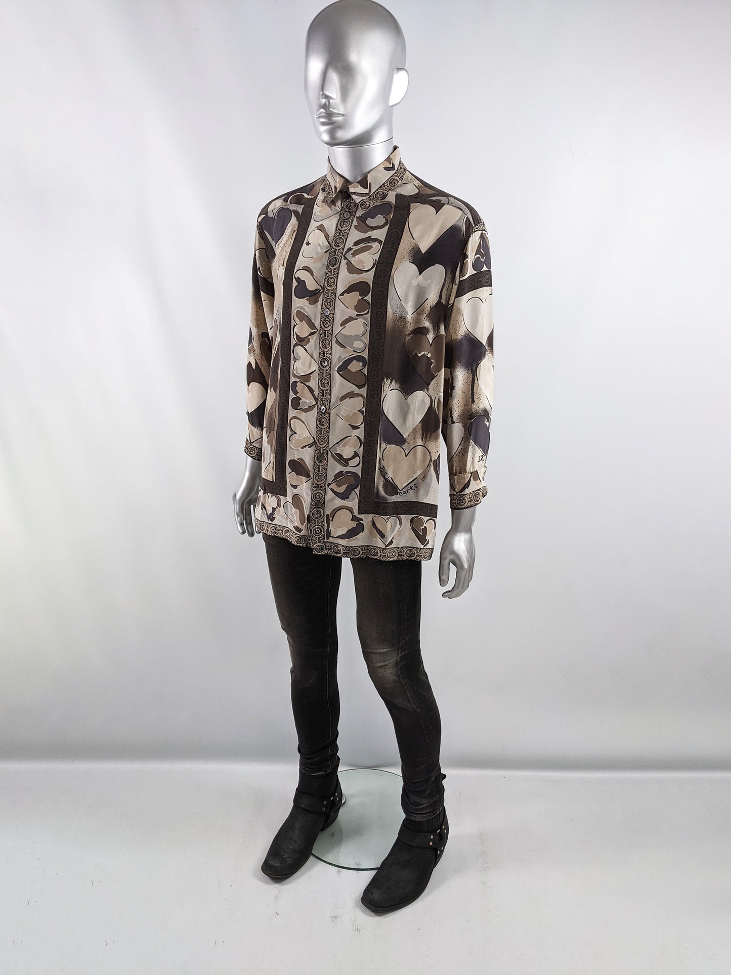 Joseph Mens Vintage Love Heart Print Pure Silk Shirt, 1980s