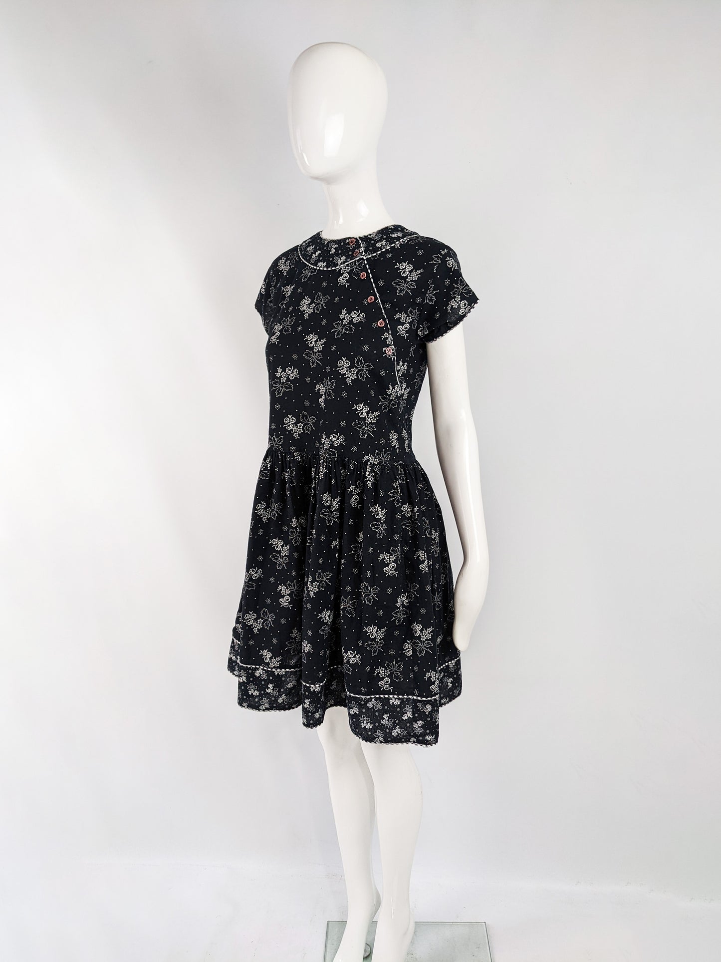 Kenzo Vintage Black & White Asian Floral Drop Waist Dress, 1980s