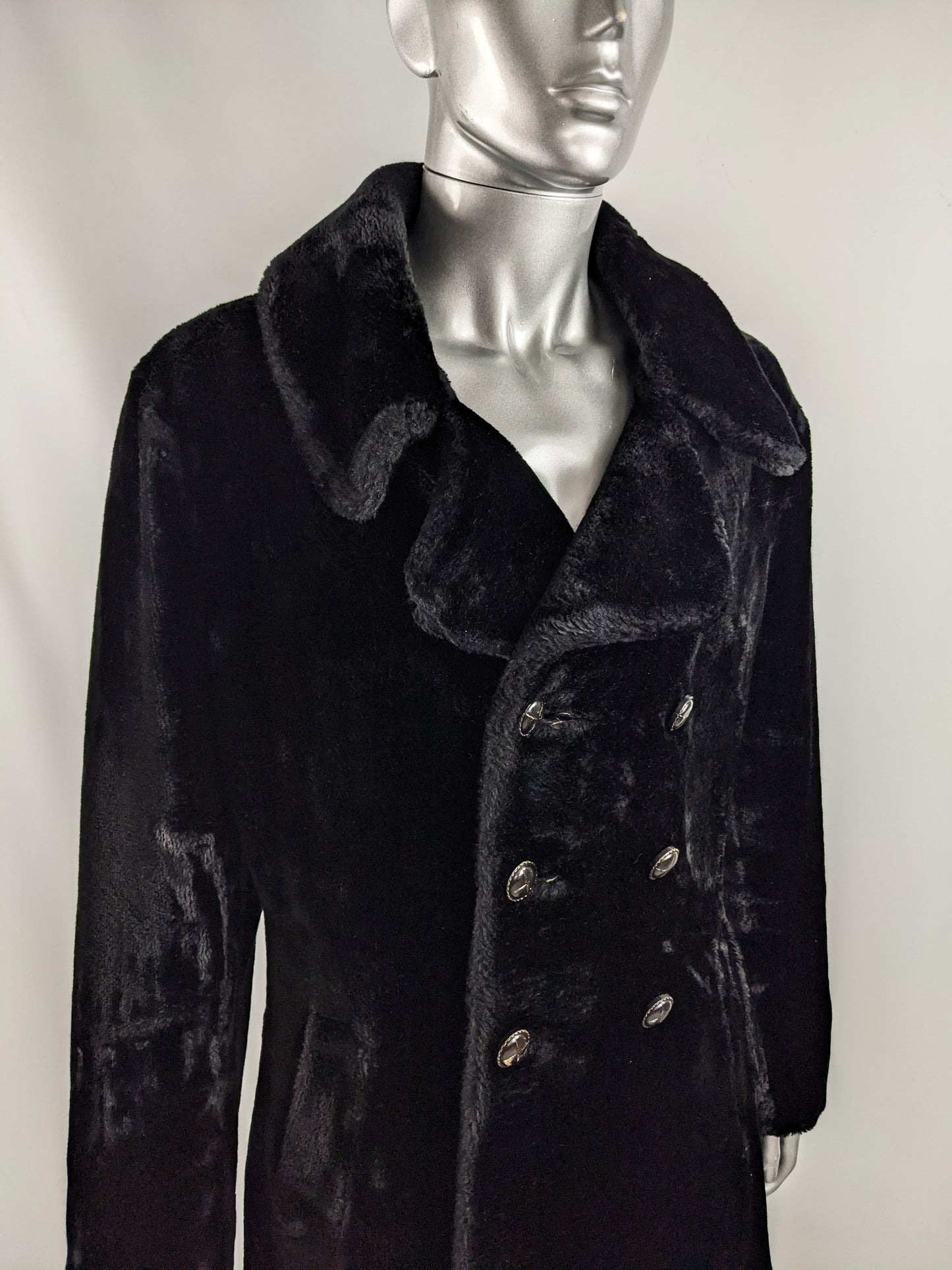 Mens Vintage Long Black Faux Fur Coat, 1970s