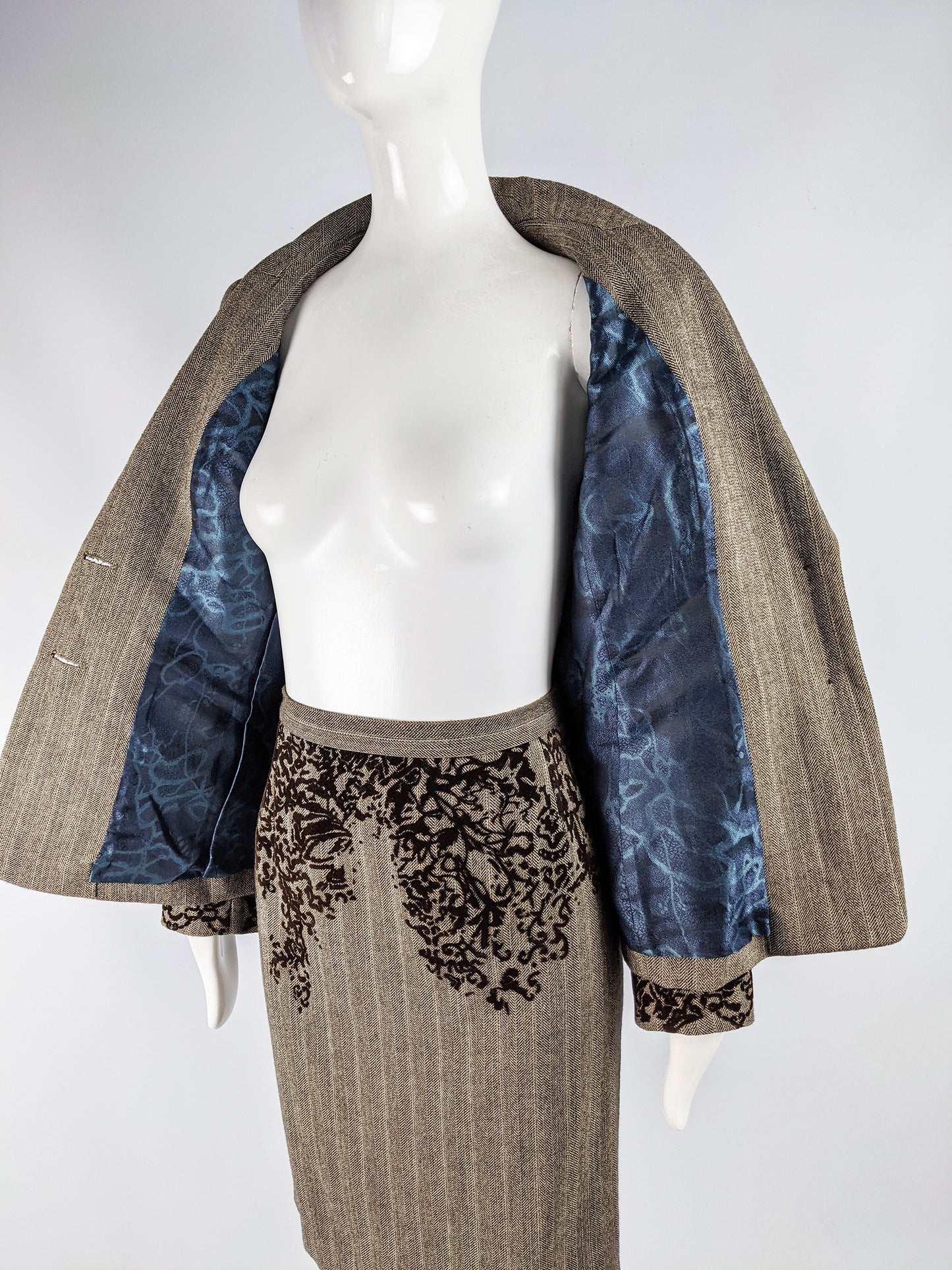 Vintage Womens Tweed & Flocked Velvet Skirt Suit, 1990s