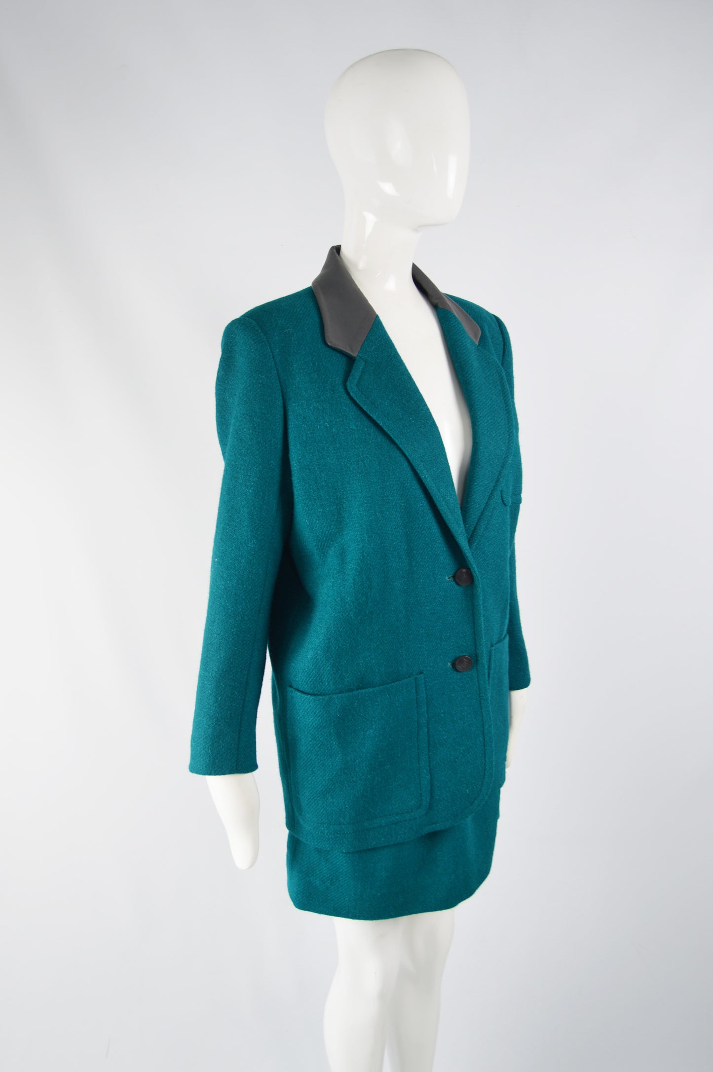 Vintage Womens Teal Wool & Leather Skirt Suit, 1980s