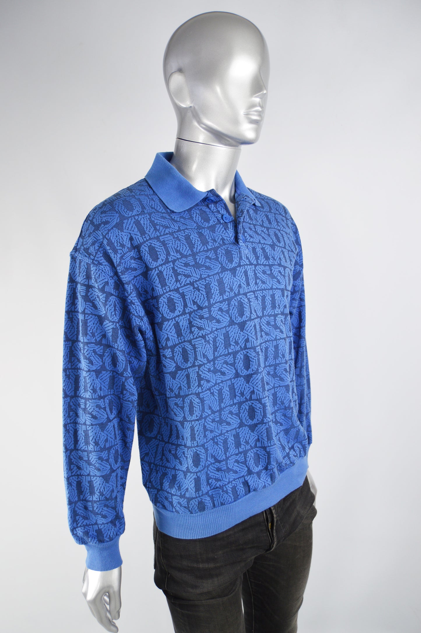 Mens Vintage Blue Spellout Knit Polo Shirt, 1980s