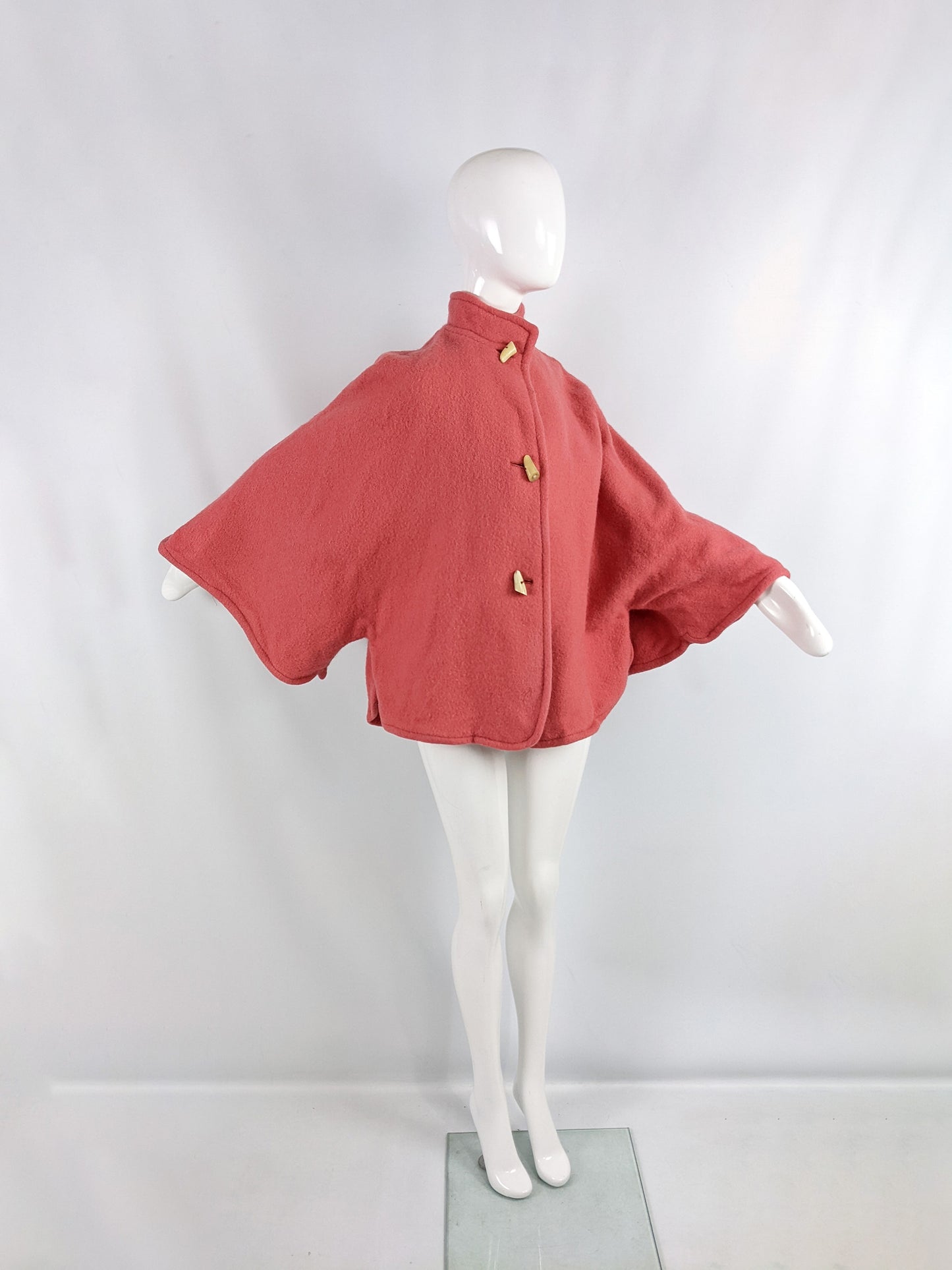 Guy Laroche Vintage Coral Pink Wool & Mohair Cape Coat, 1980s