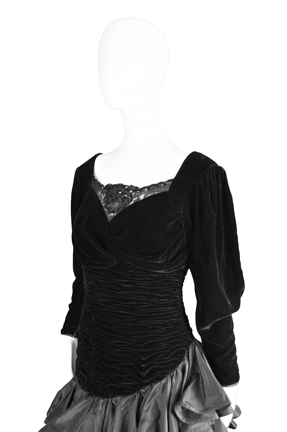 Black lace, velvet and taffeta evening dress by Emanuel Ungaro