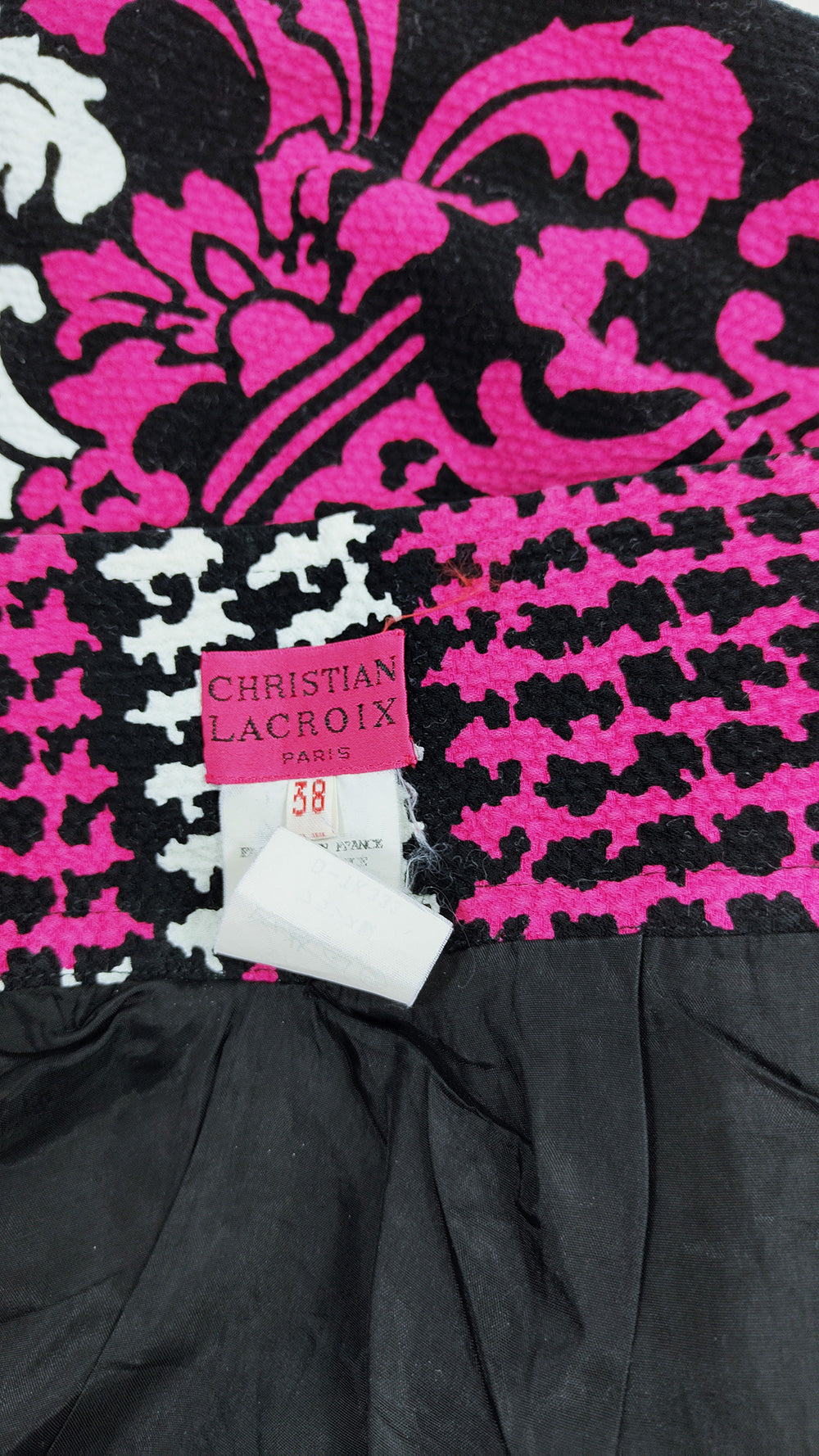 Christian Lacroix Vintage Black, Fuchsia & White Houndstooth Skirt, 1990s