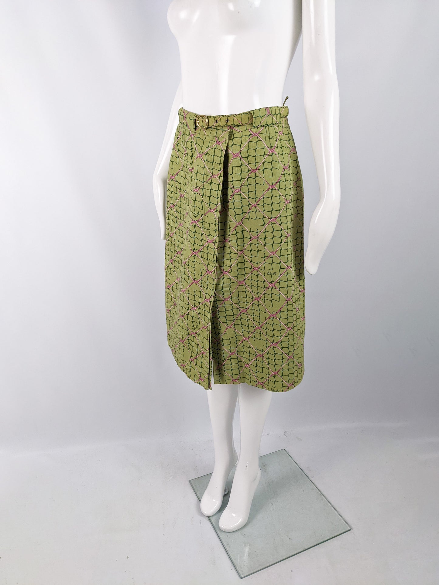 Ken Scott Fabric Vintage Green Cotton Wire Fence Print Skirt, 1970s