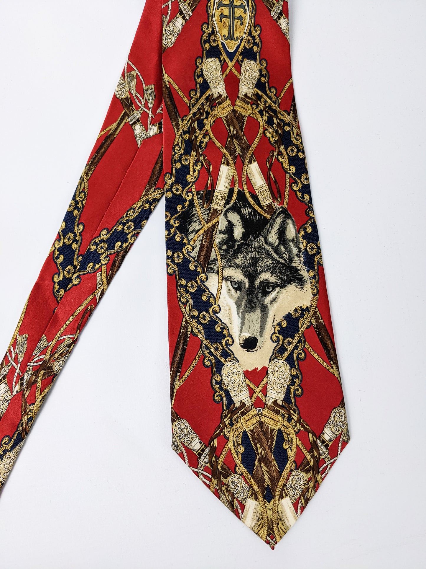 Mens Vintage Red Silk Wolf Print Tie, 1980s