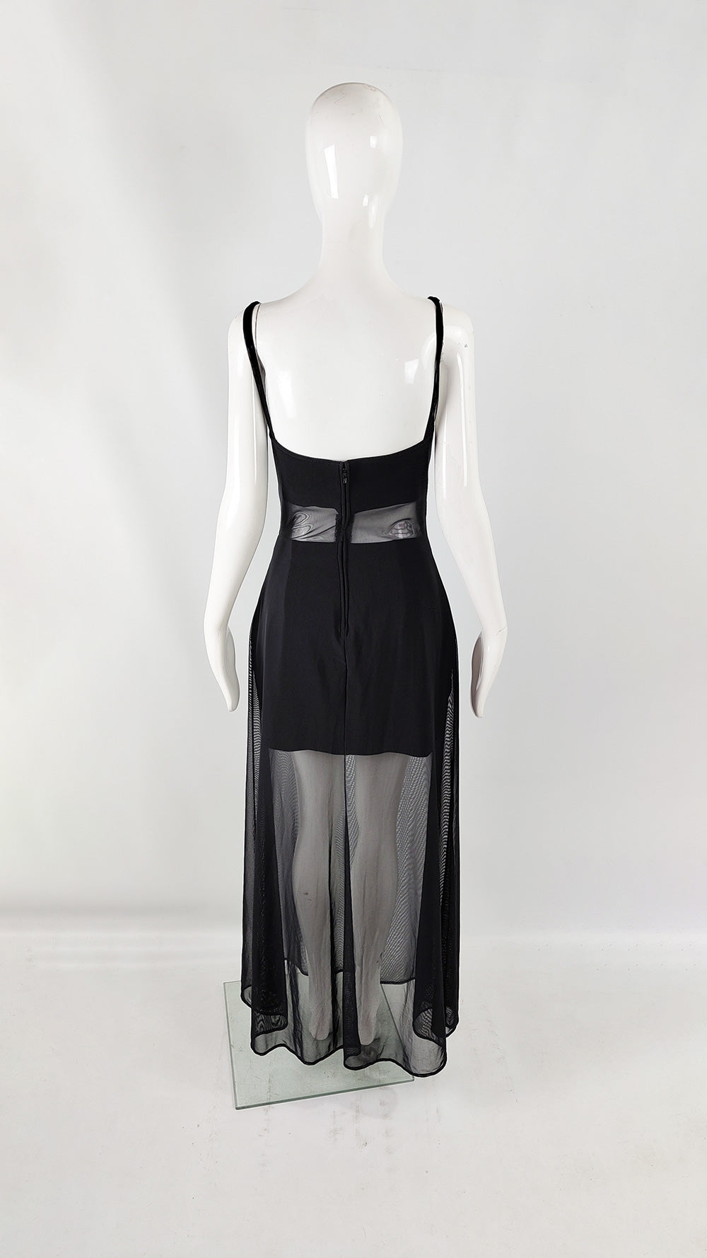 Tadashi Vintage Black Mesh Cut Out Evening Gown, 1980s