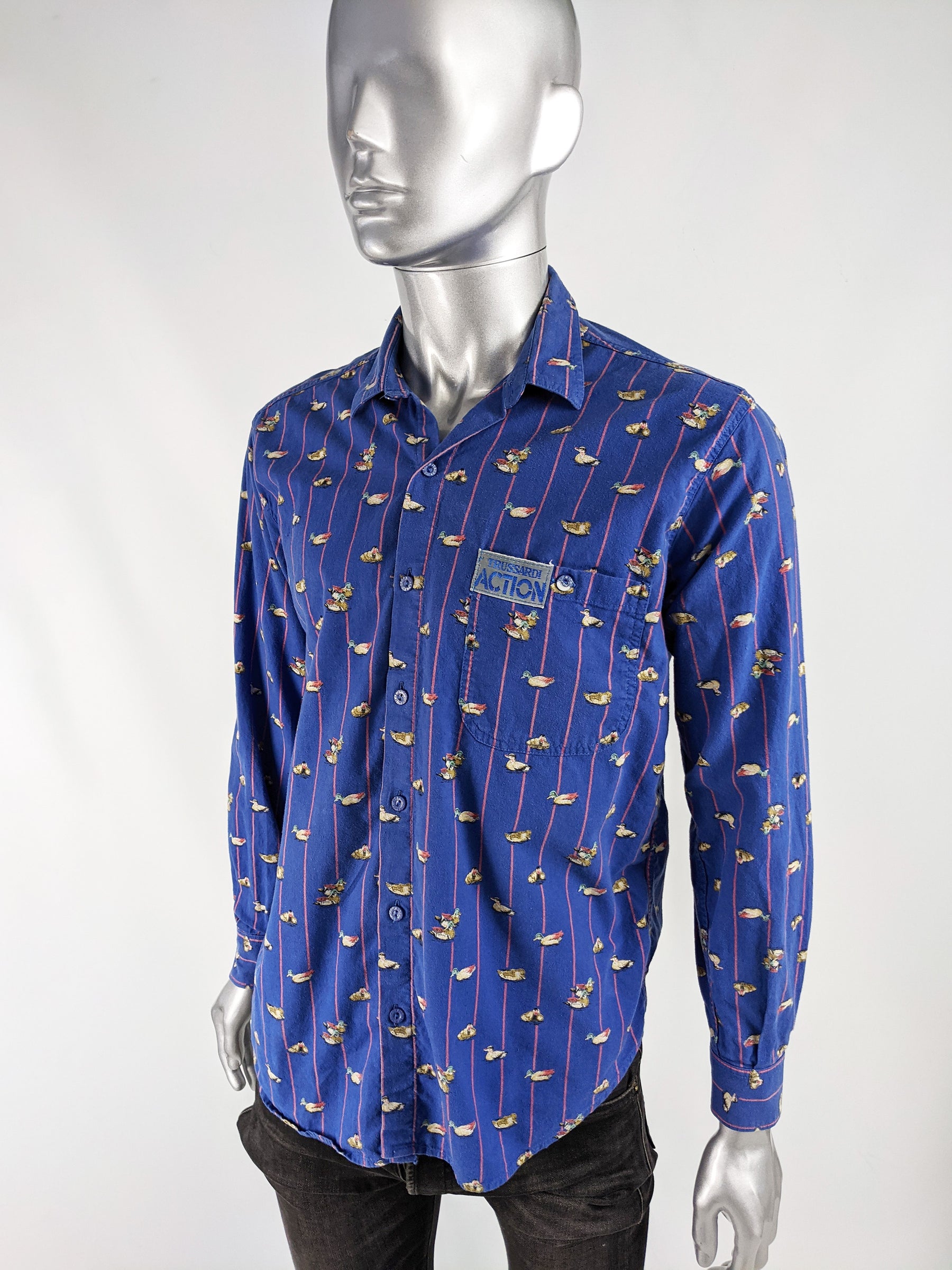 Trussardi Vintage Mens Long Sleeve Blue Duck Print Shirt, 1990s