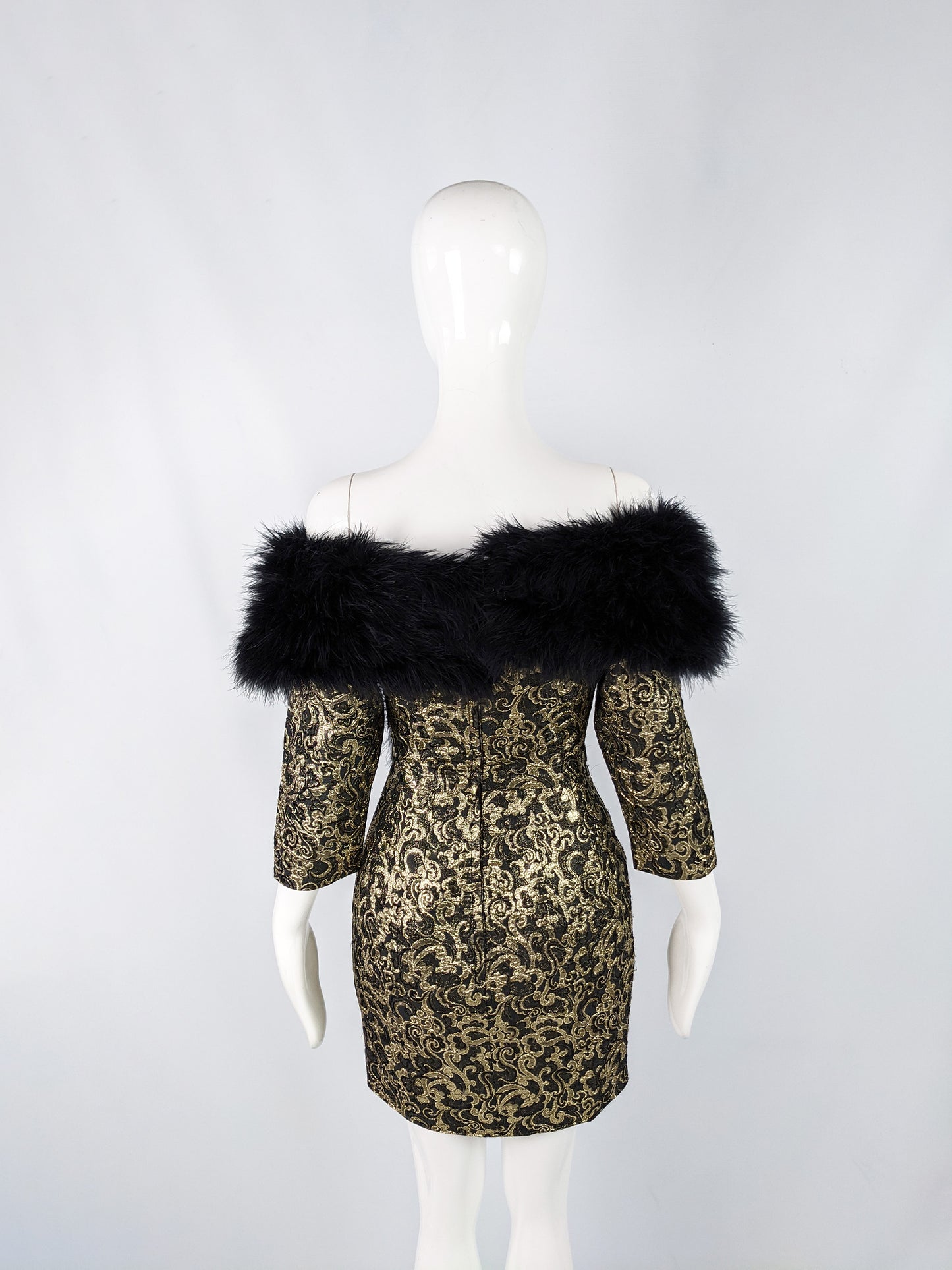 Vintage Gold Brocade Feather Trim Wiggle Party Dress, 1980s