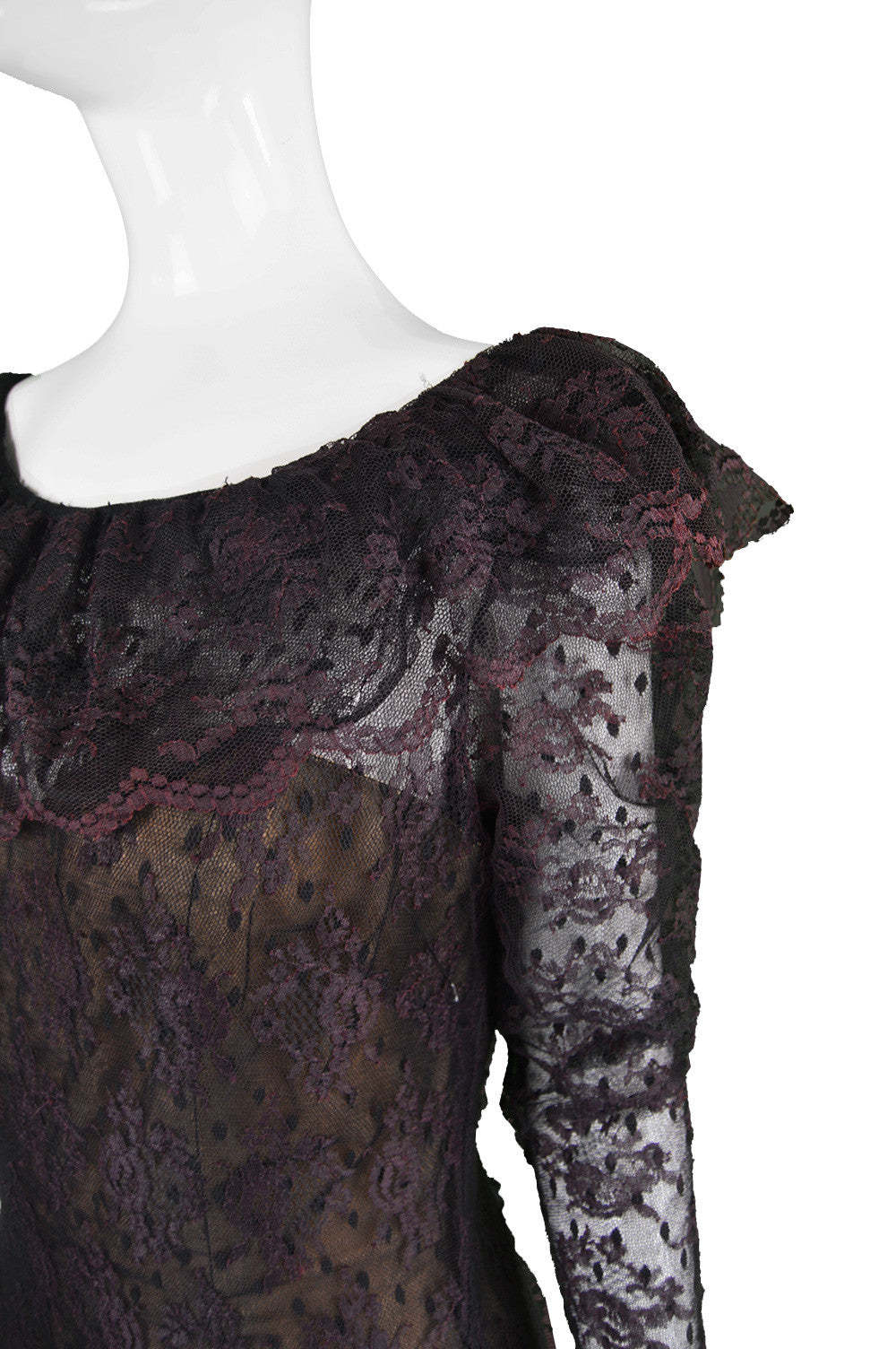1980s vintage Victor Costa dress in a tiered ruffle lace fabric. 