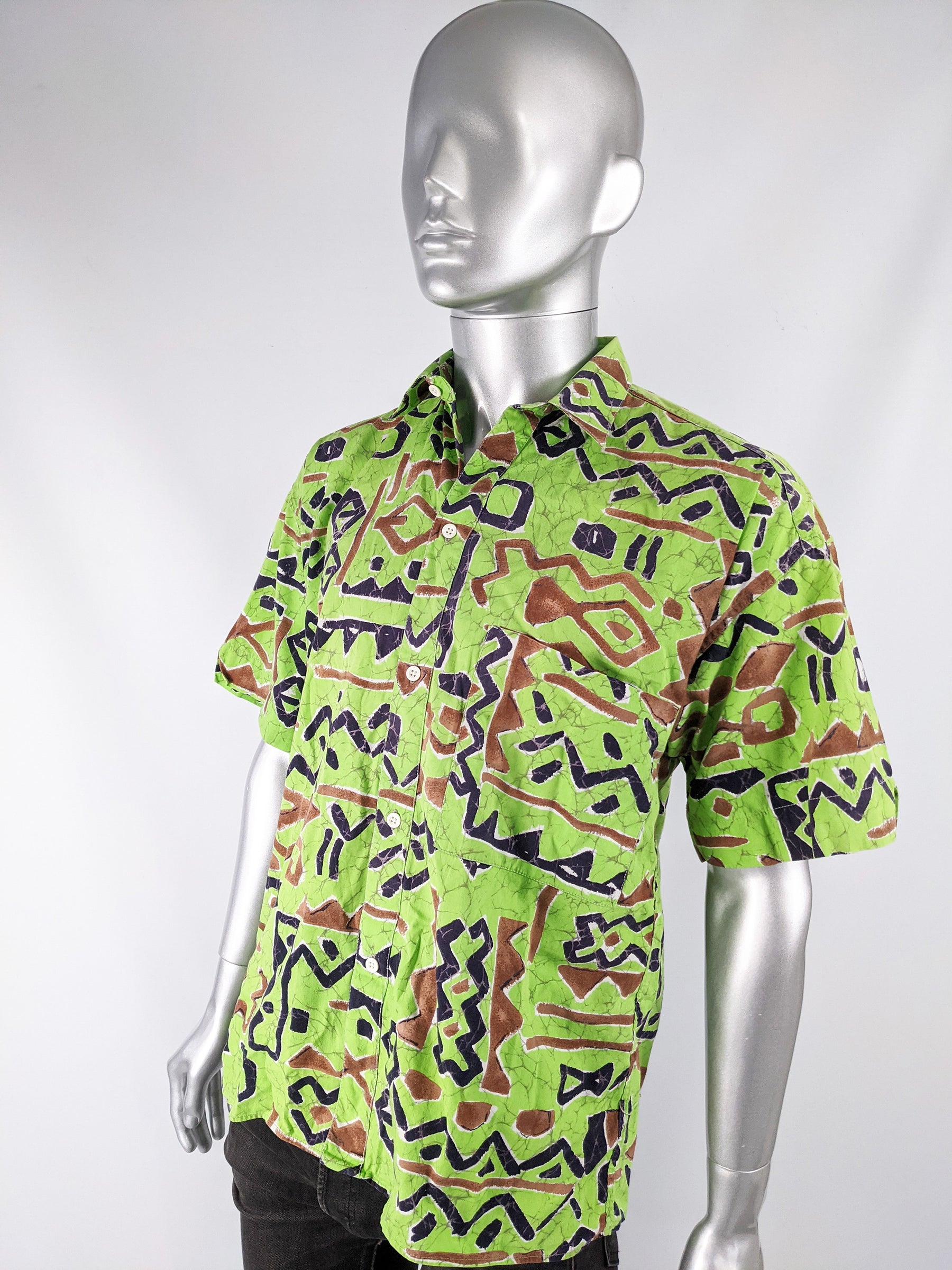 Vintage Mens Green Abstract Print Hawaiian Shirt, 1980s