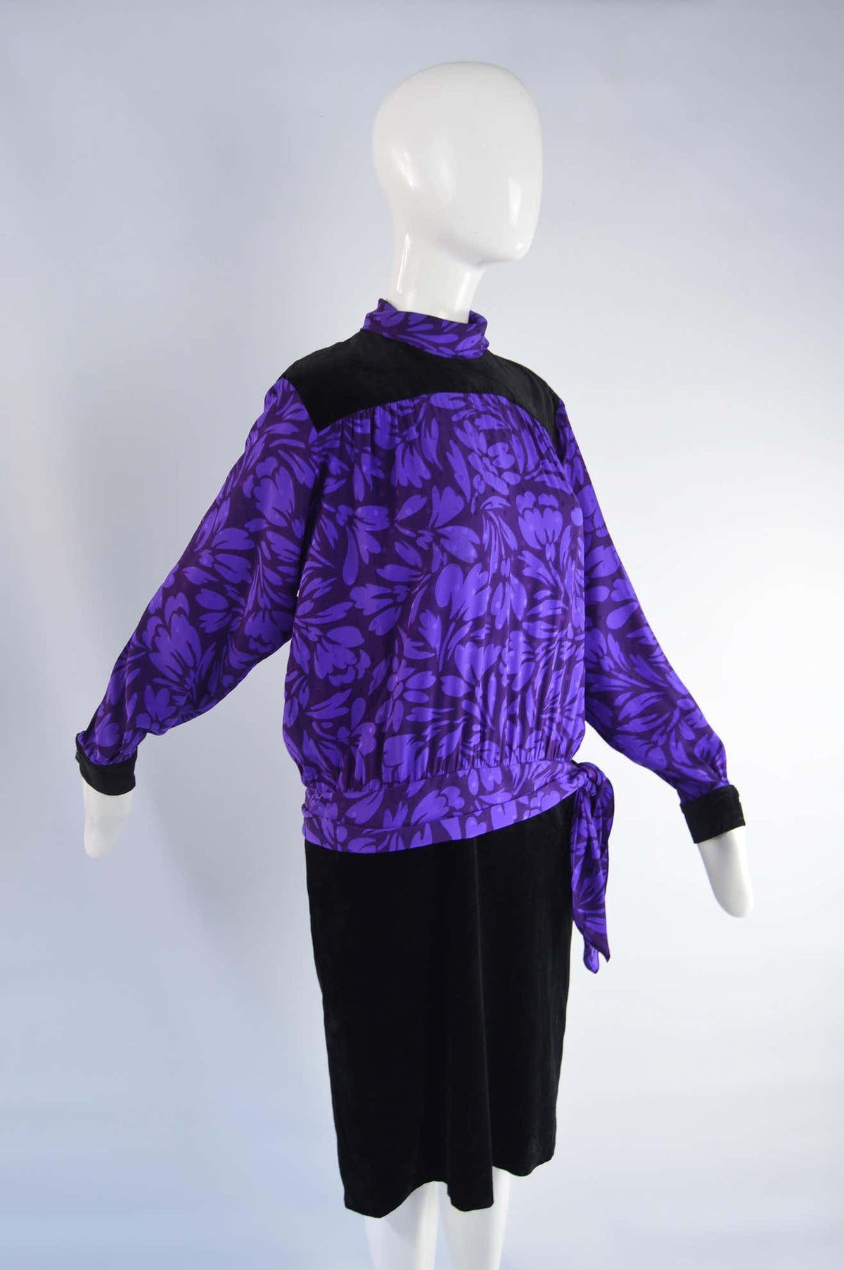 Guy Laroche Vintage Purple Jacquard & Black Velvet Dress, 1980s
