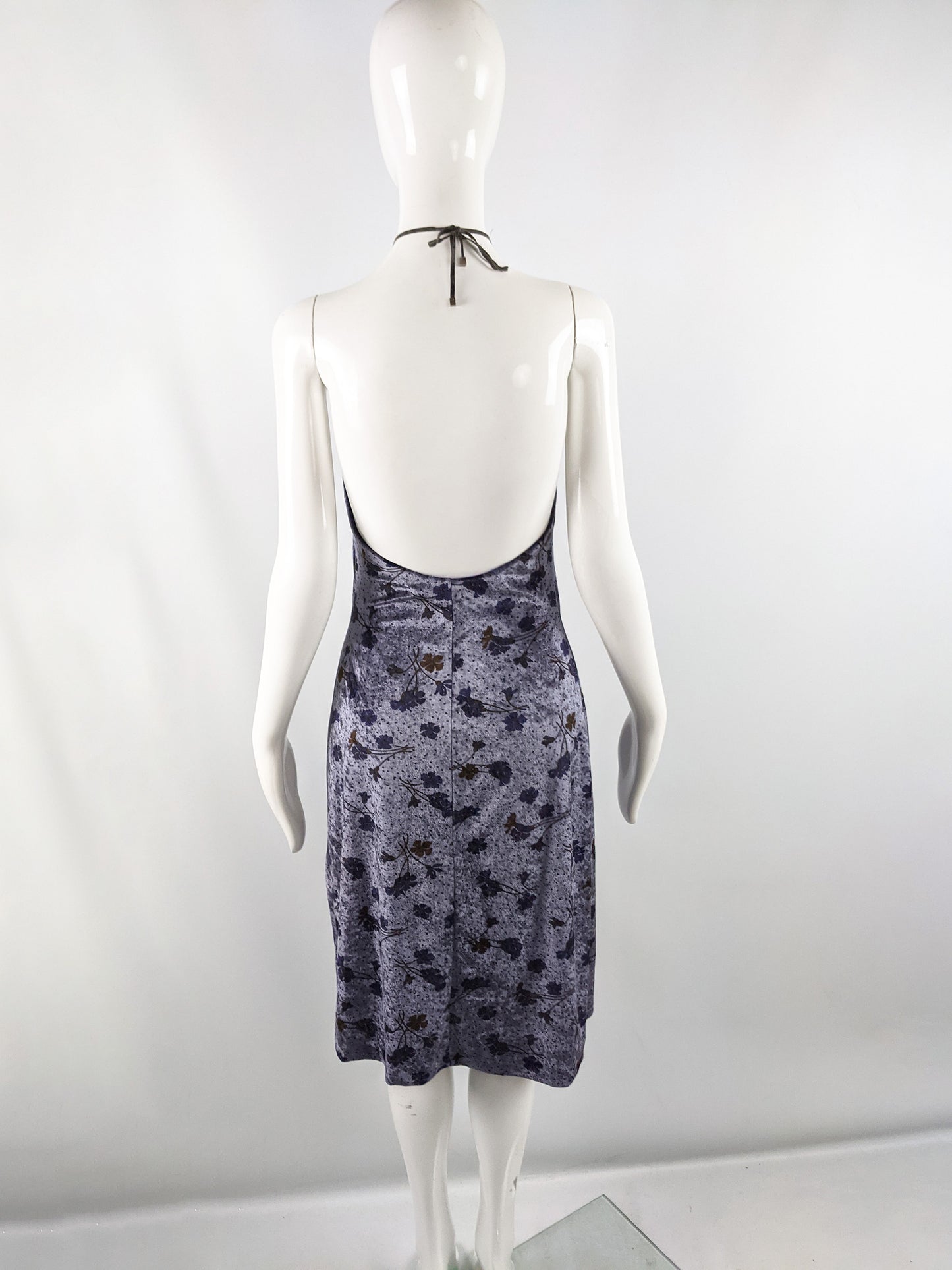 Vintage Floral Velvet Backless Halter Dress, 2000s