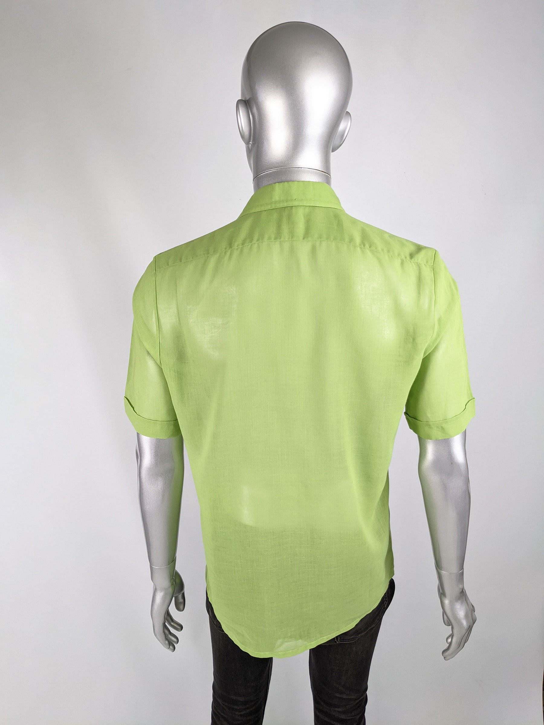 Mens Vintage Green Sheer Pleated Shirt, 1960s