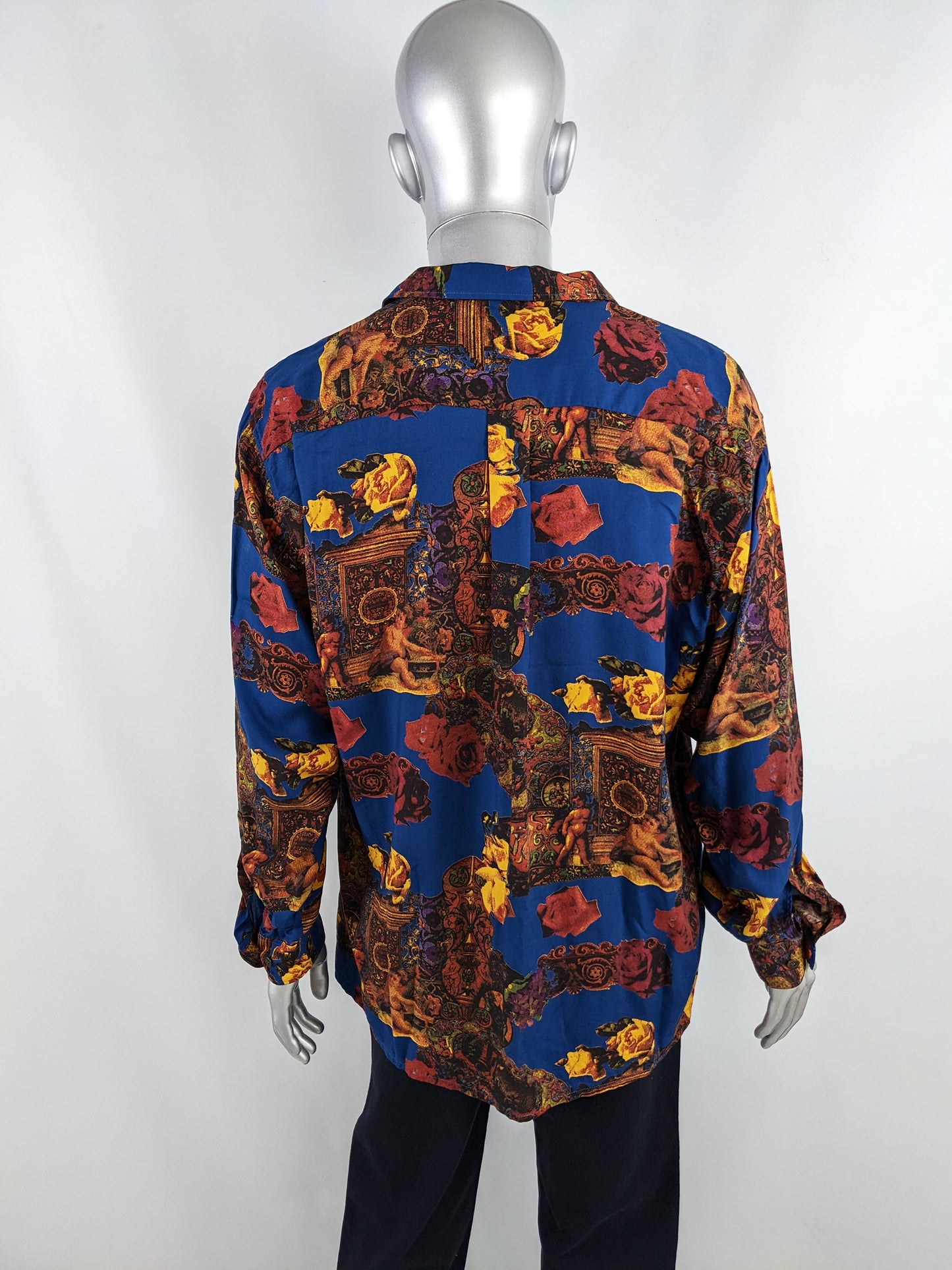Zazzi Vintage Mens Blue Viscose Cherub Print Long Sleeve Shirt, 1980s