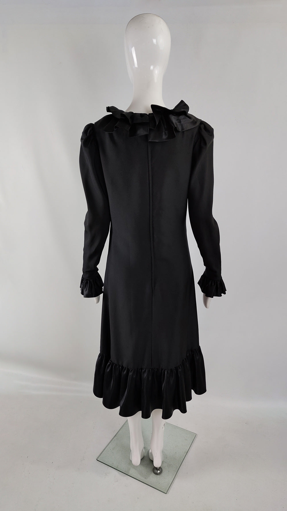 Jean Allen Vintage Black Ruffle Collar Shift Dress, 1970s