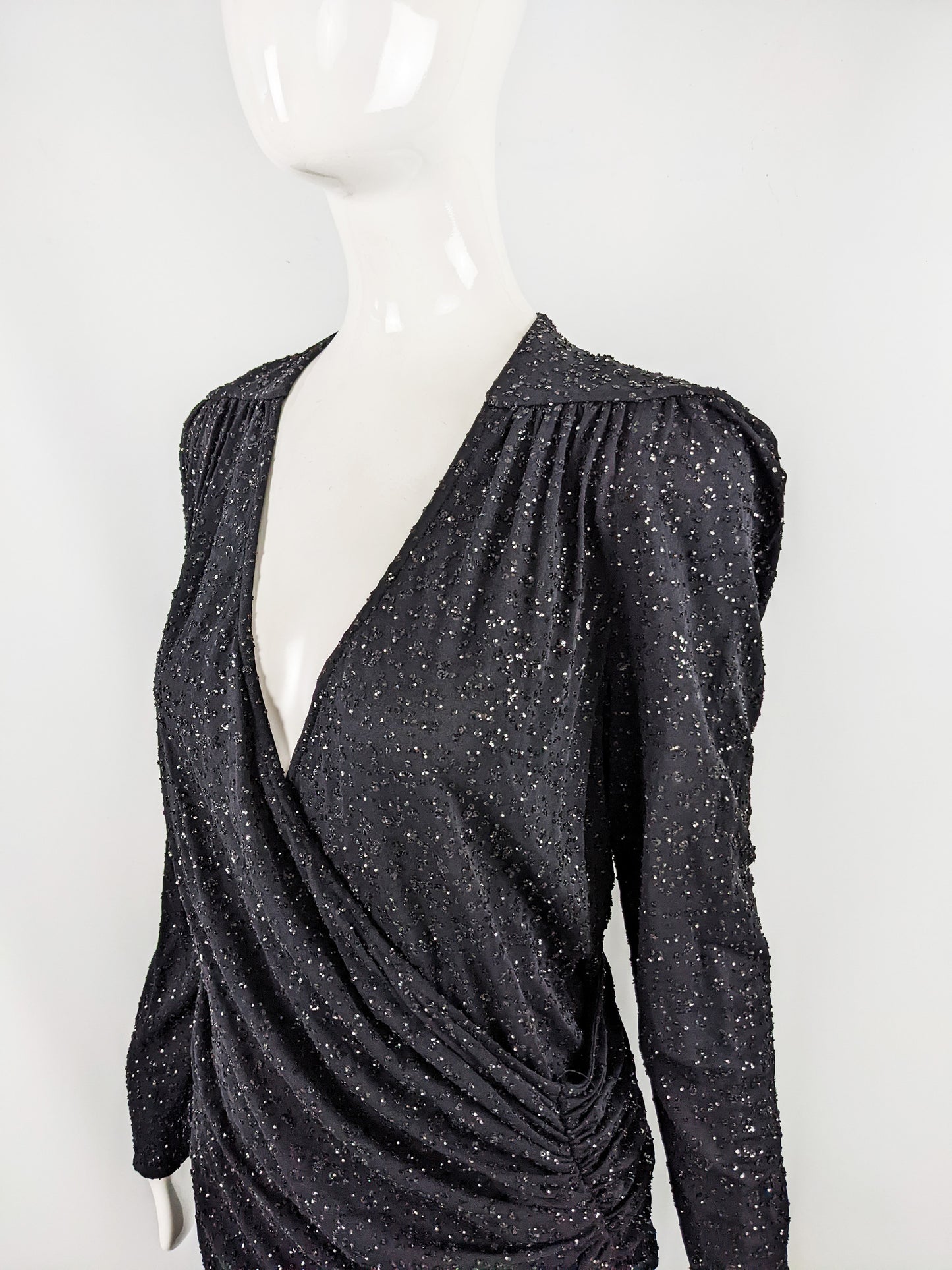 Frank Usher Vintage Black Sequin Glitter Effect Evening Dress, 1980s
