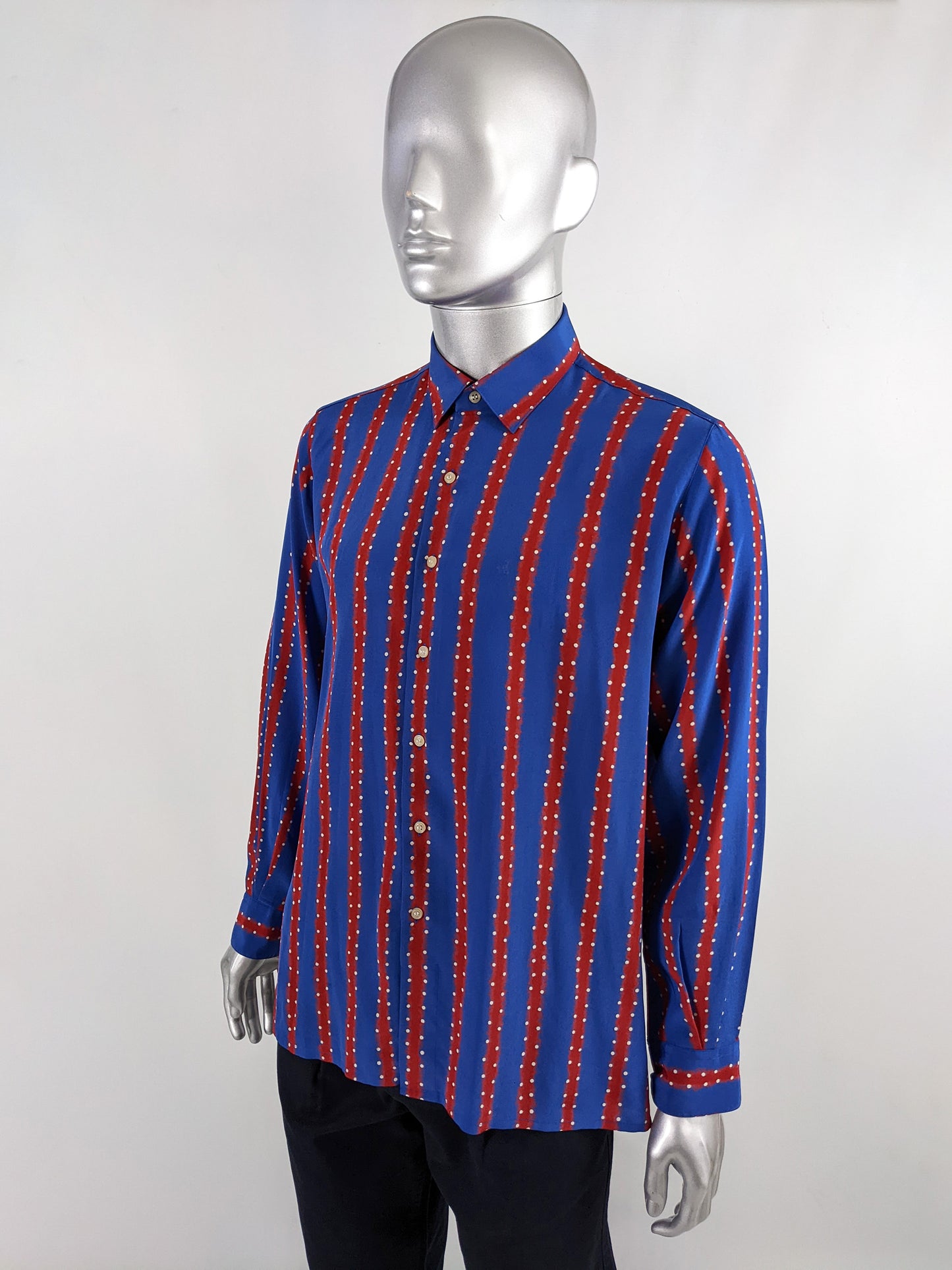 Pancaldi & B Blue & Red Vintage Mens Silk Shirt, 1980s