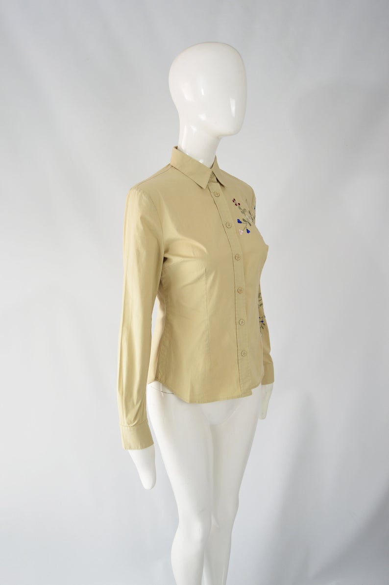 Womens Floral Embroidered Khaki Shirt, 1990s