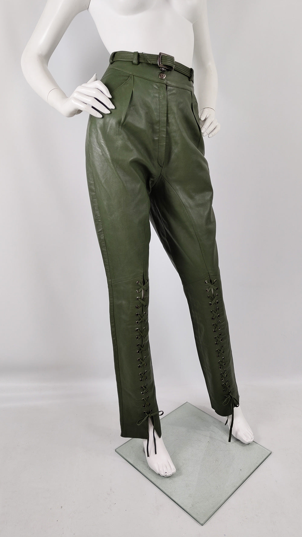 Christian Dior Vintage Green Real Leather High Waisted Trousers, 1980s