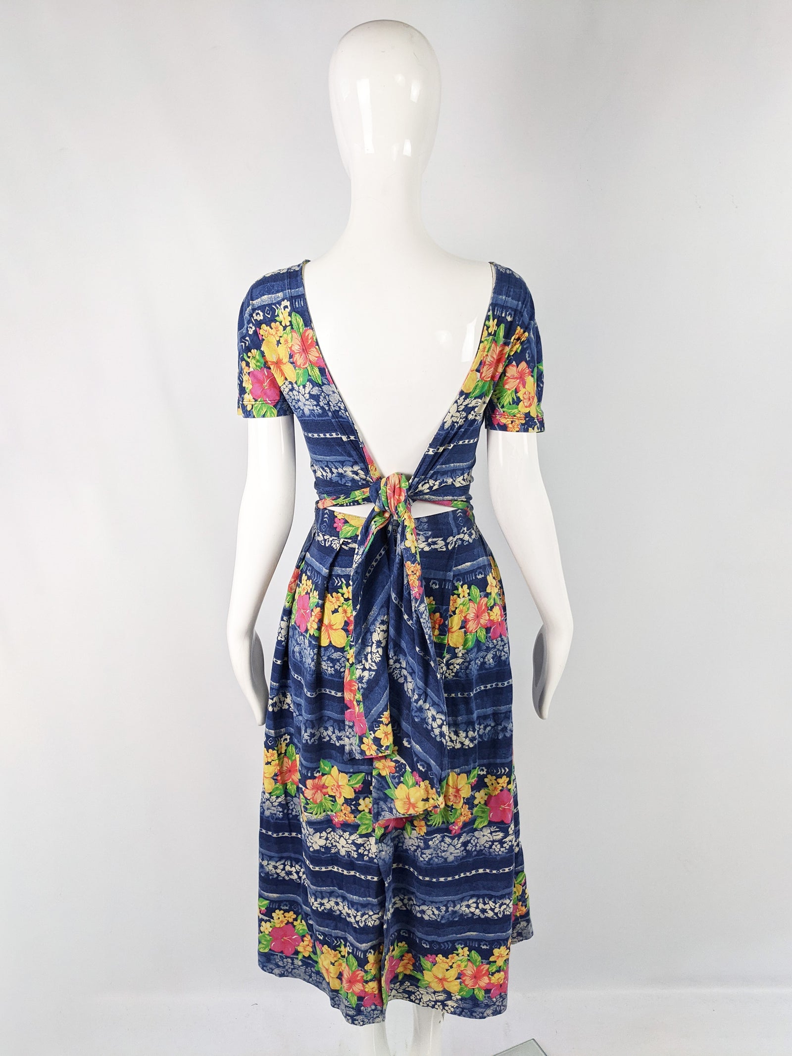 Trussardi Vintage Backless Tie Hawaiian Print Cotton Dress, 1980s