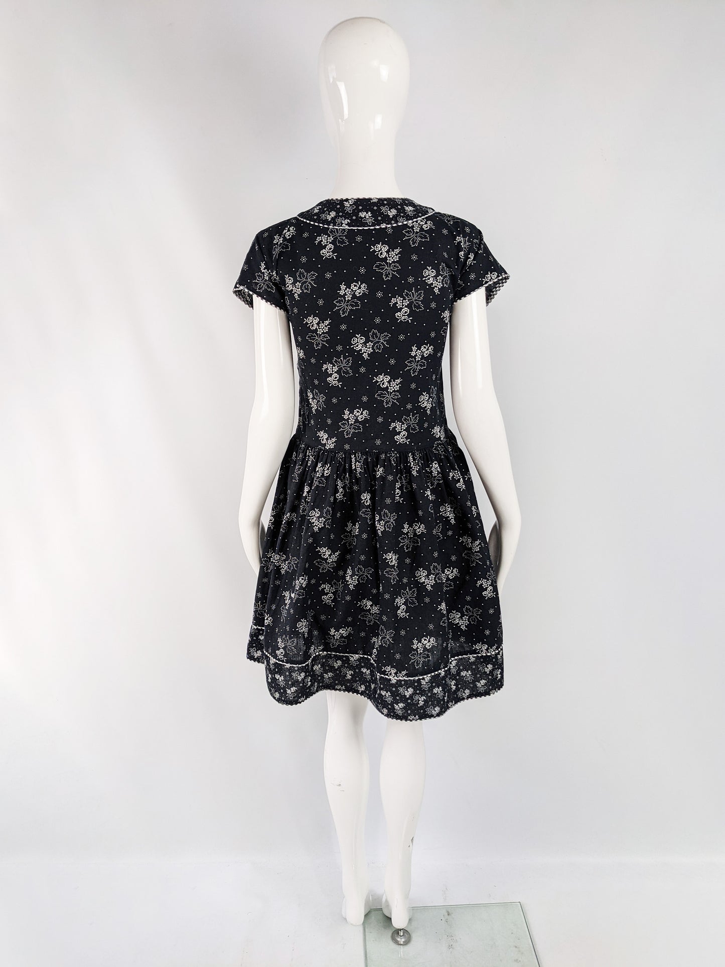 Kenzo Vintage Black & White Asian Floral Drop Waist Dress, 1980s
