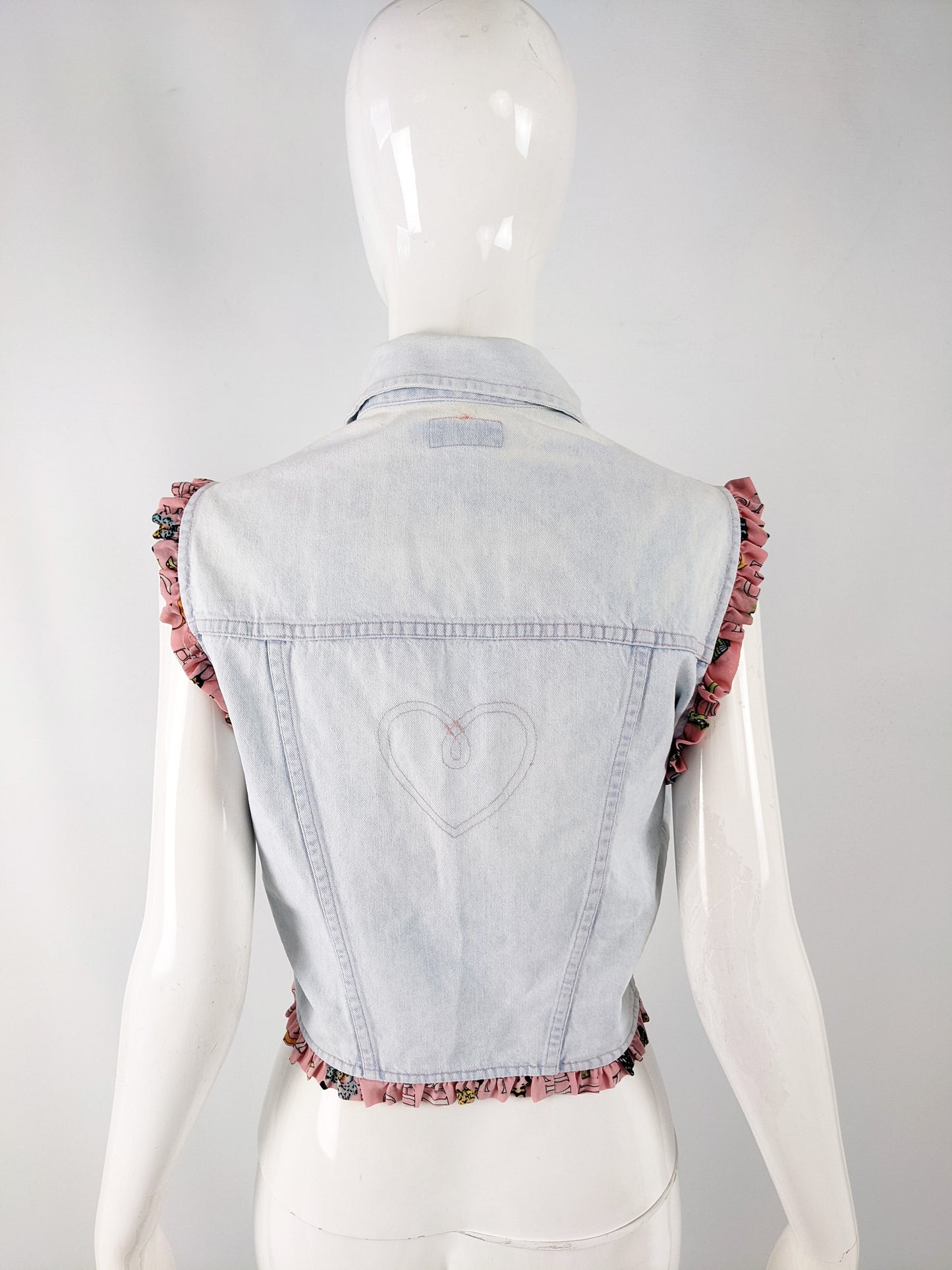 Fendissime Vintage Womens Ruffled Denim Vest Jacket, 1990s
