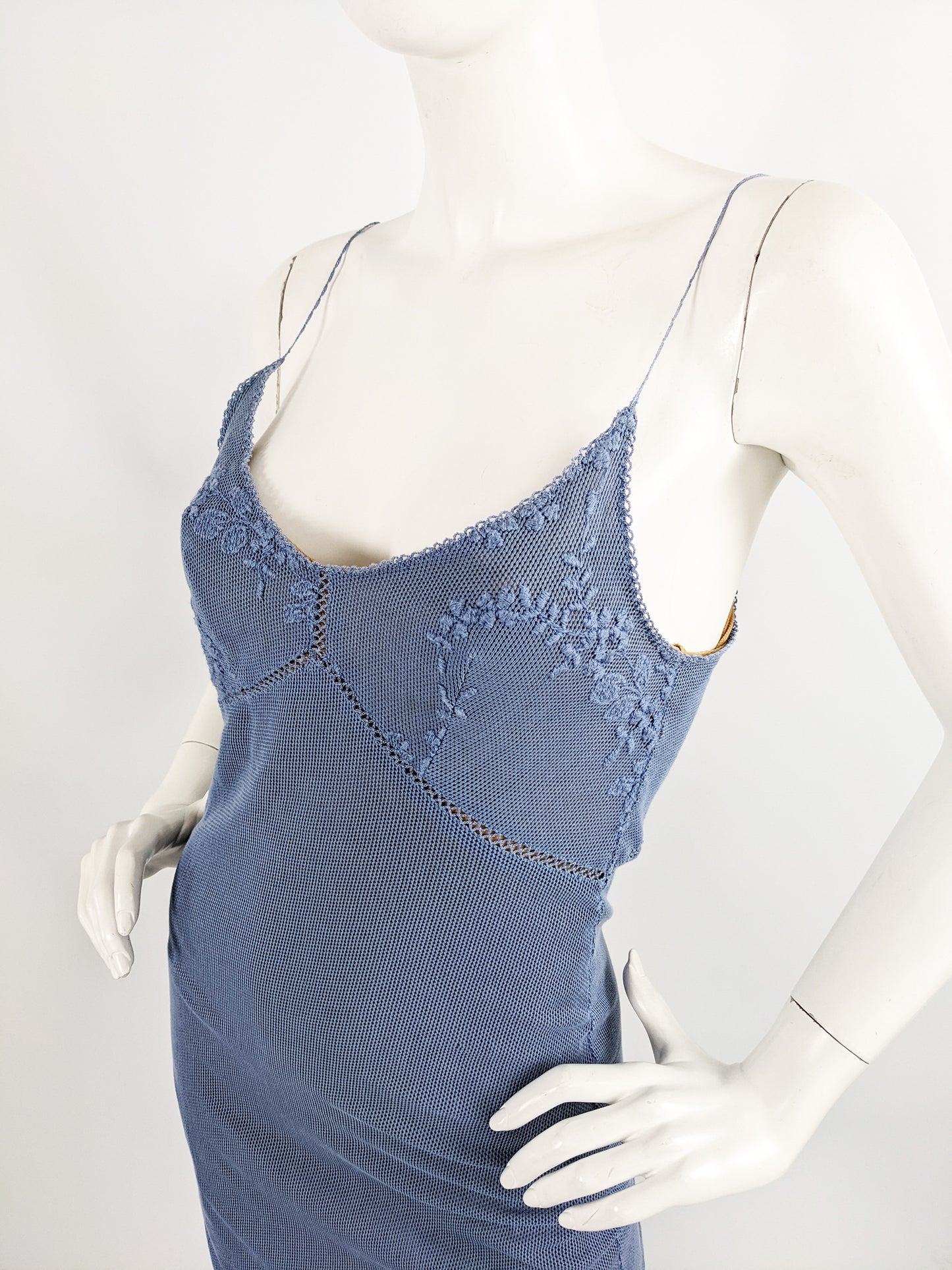 Plein Sud Vintage Blue y2k Embroidered Bust Mesh Dress, 1990s