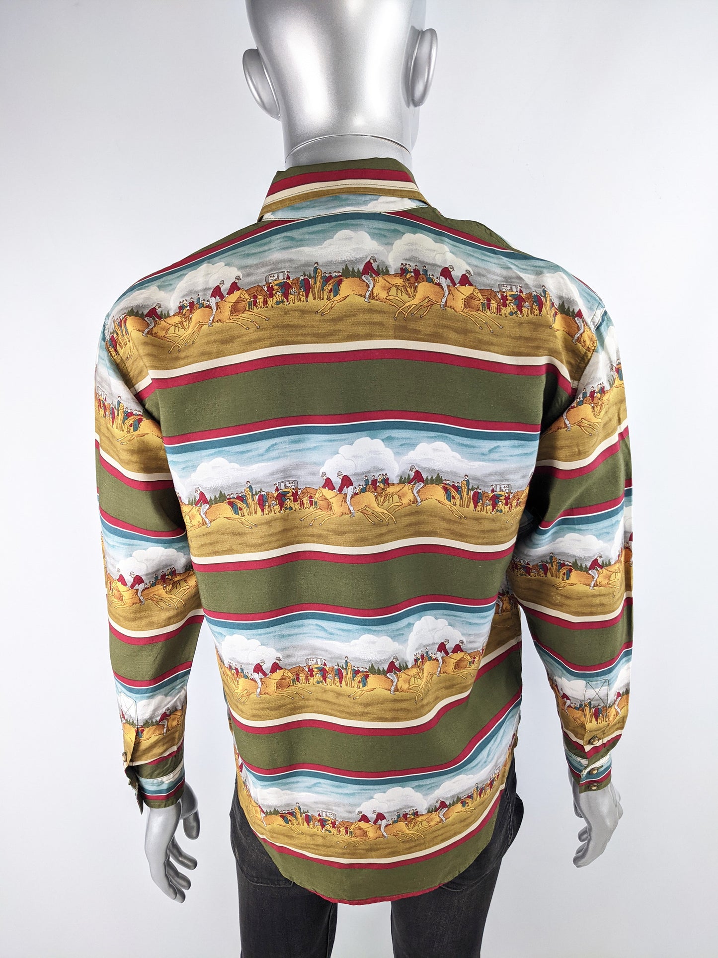 Mens Vintage Horse Racing Print Modal Shirt, 1980s