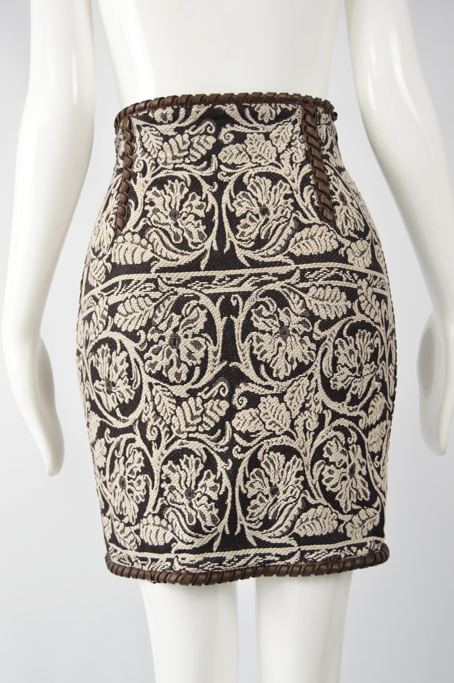 Vintage Womens Wool Tapestry & Leather Pencil Skirt, 1980s