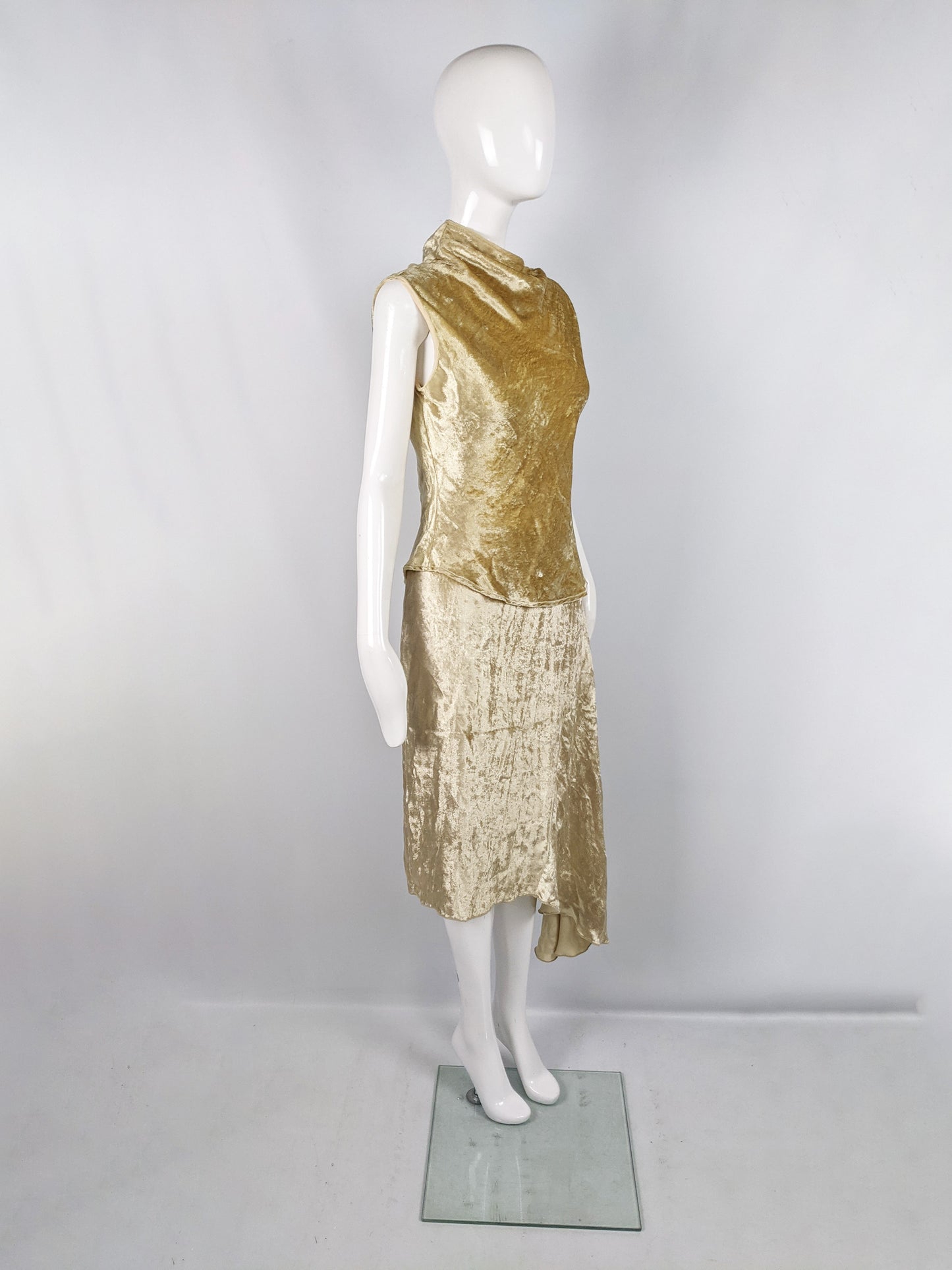 Vintage Gold Velvet Two Piece Asymmetric Top & Skirt Set, 1990s