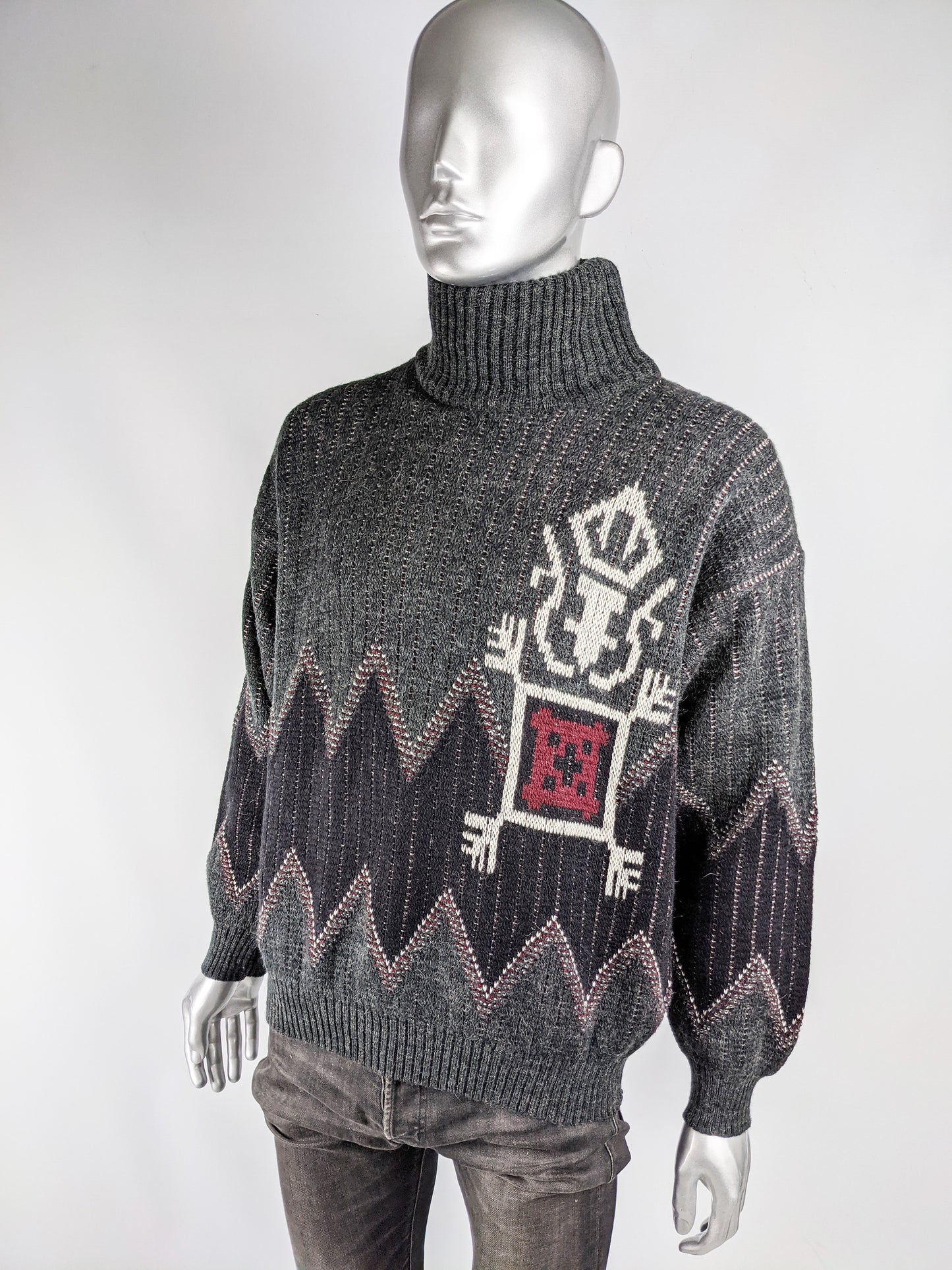 Aldani Vintage Mens Italian Grey Knit Turtleneck Jumper, 1980s