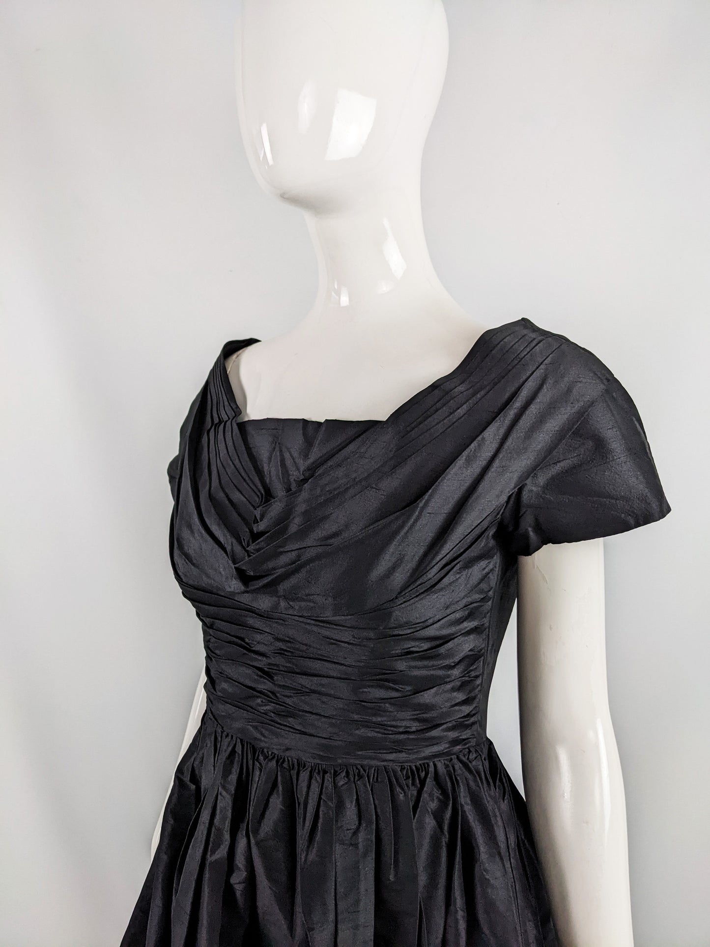 Koupy Model Couture Vintage 50s Black Silk Taffeta Dress, 1950s