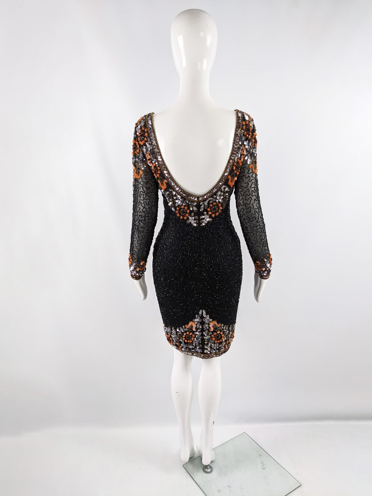Oleg Cassini Vintage Black & Orange Beaded Sequin Dress, 1980s